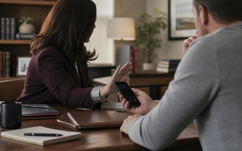 A concerned adult pausing over an investigator's phone call while consulting a defense attorney