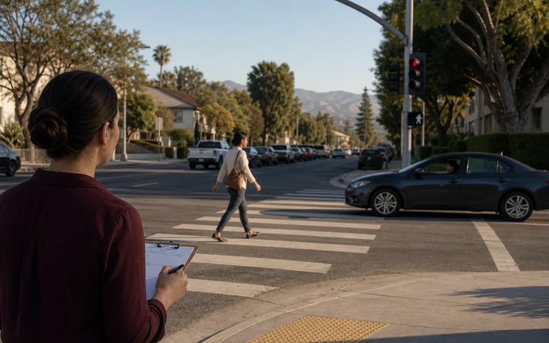 A driver yielding to a pedestrian in a marked California crosswalk at a well-lit intersection