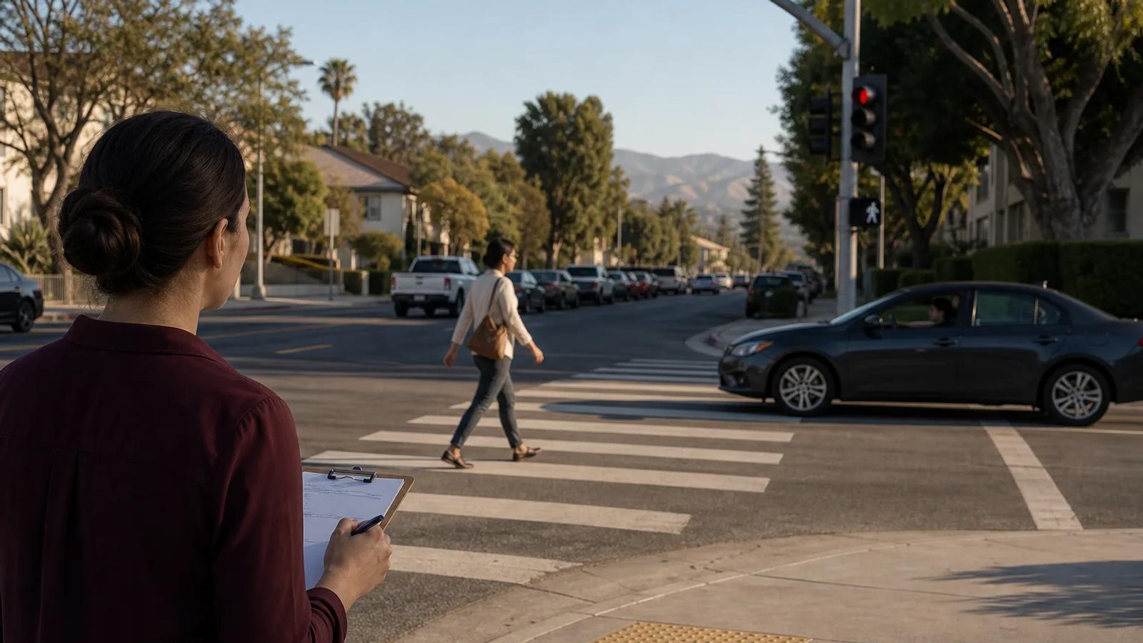 A driver yielding to a pedestrian in a marked California crosswalk at a well-lit intersection
