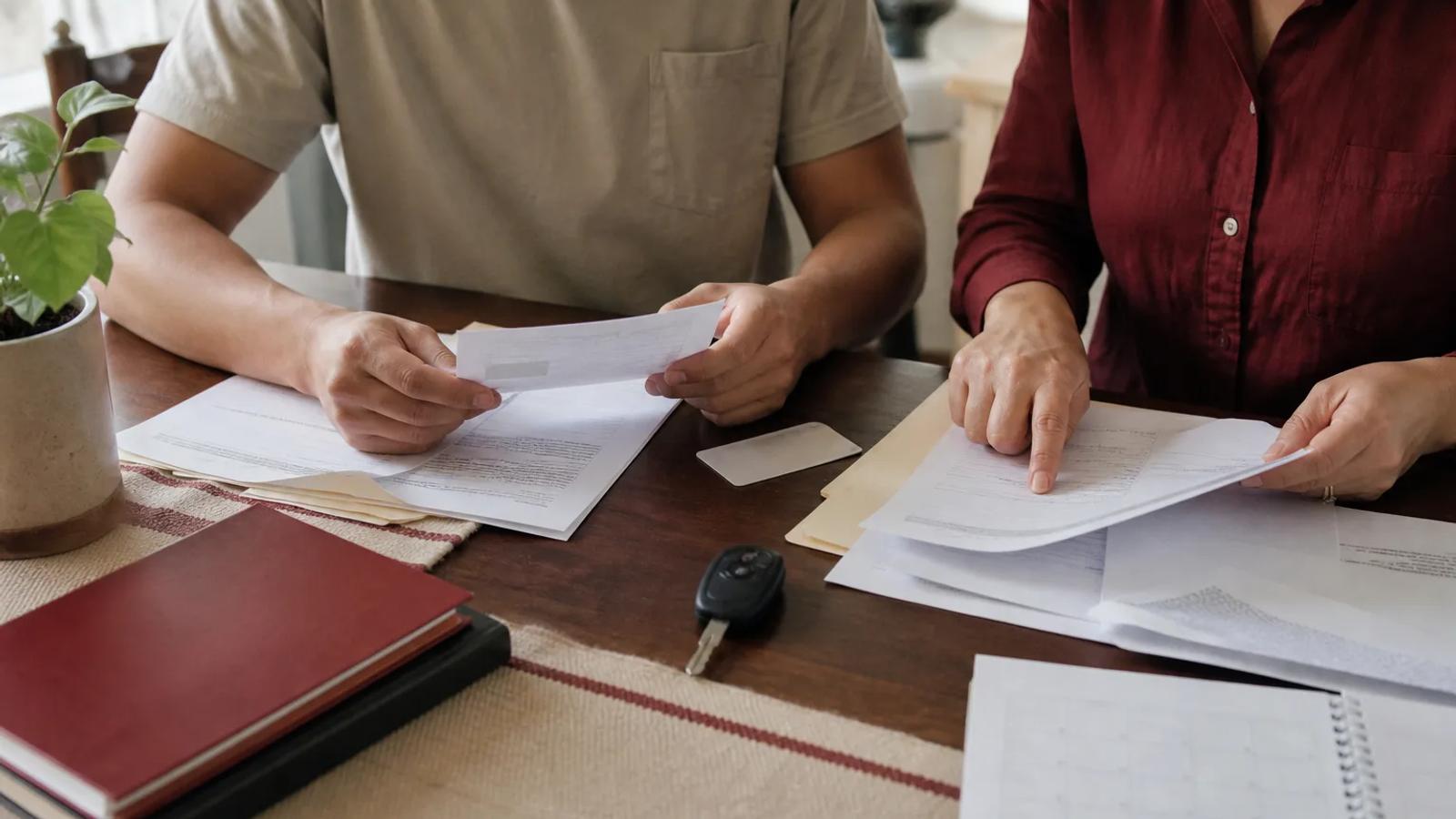 A young adult and parent organizing anonymous license and court papers together at a dining table