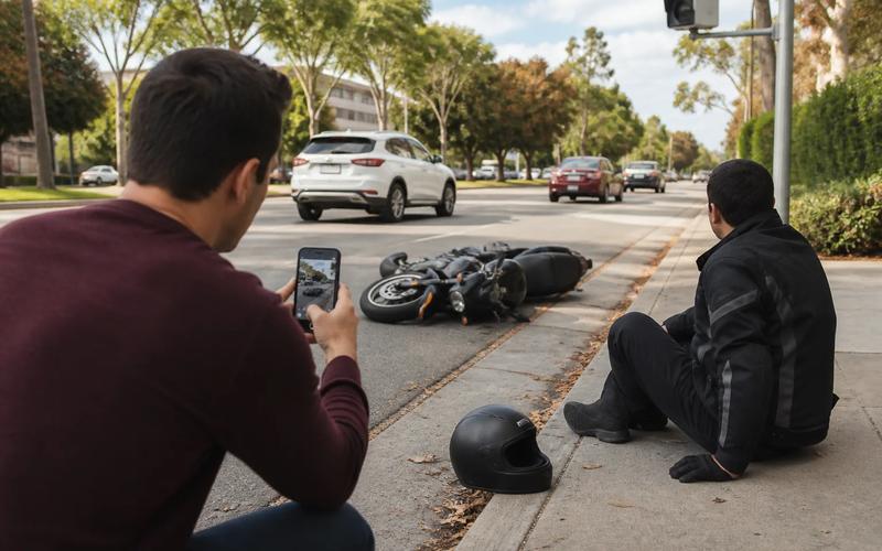 A motorcyclist receiving calm roadside help while a witness safely photographs the motorcycle and road markings