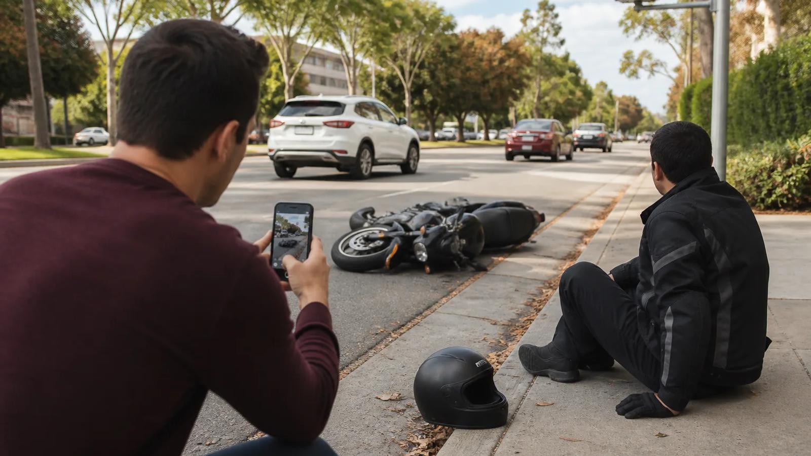 A motorcyclist receiving calm roadside help while a witness safely photographs the motorcycle and road markings