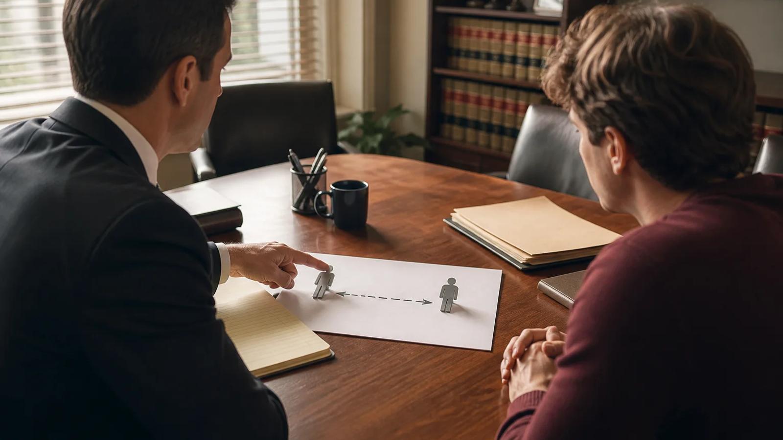 A defense attorney and client using a neutral incident diagram to separate threatened contact from physical contact