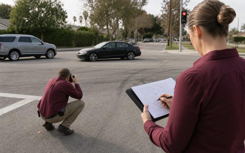 An investigator mapping vehicle paths from street photographs, witness locations, and traffic-camera footage