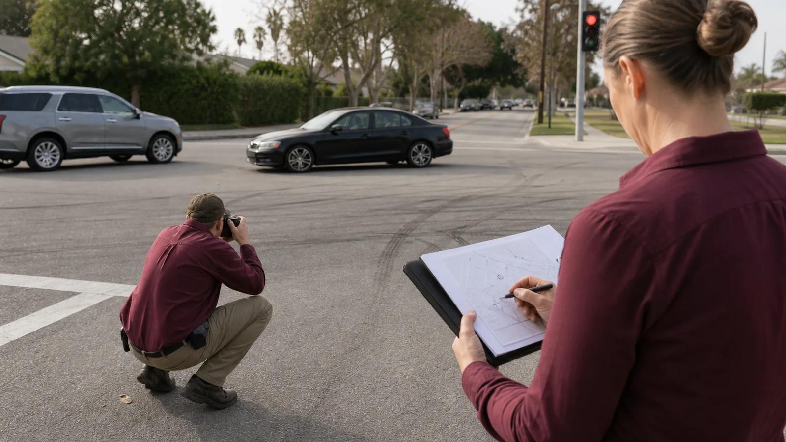 An investigator mapping vehicle paths from street photographs, witness locations, and traffic-camera footage