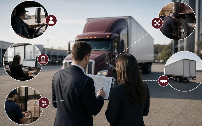 Counsel mapping a commercial truck's driver, carrier, trailer owner, maintenance vendor, and cargo company