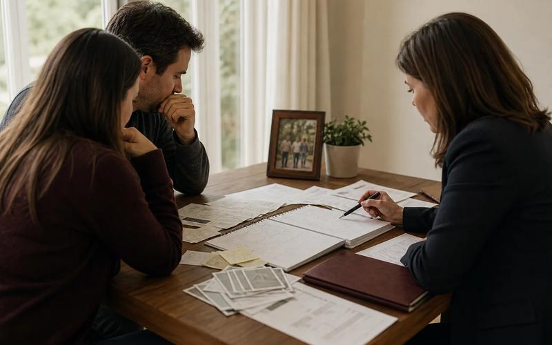 A family gently organizing household, support, service, and memorial records at a kitchen table