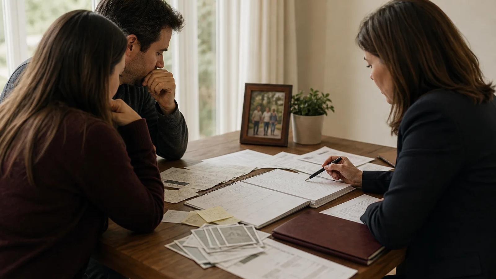 A family gently organizing household, support, service, and memorial records at a kitchen table