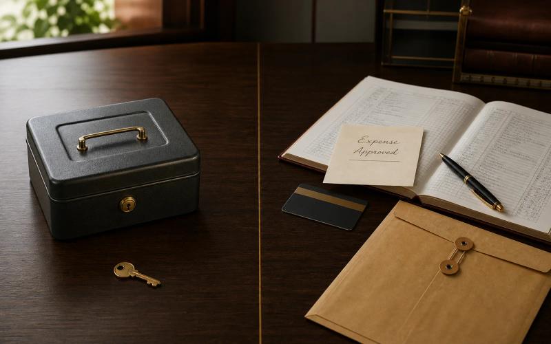 A locked cash box and key opposite a business ledger, access card, approval note, and records envelope