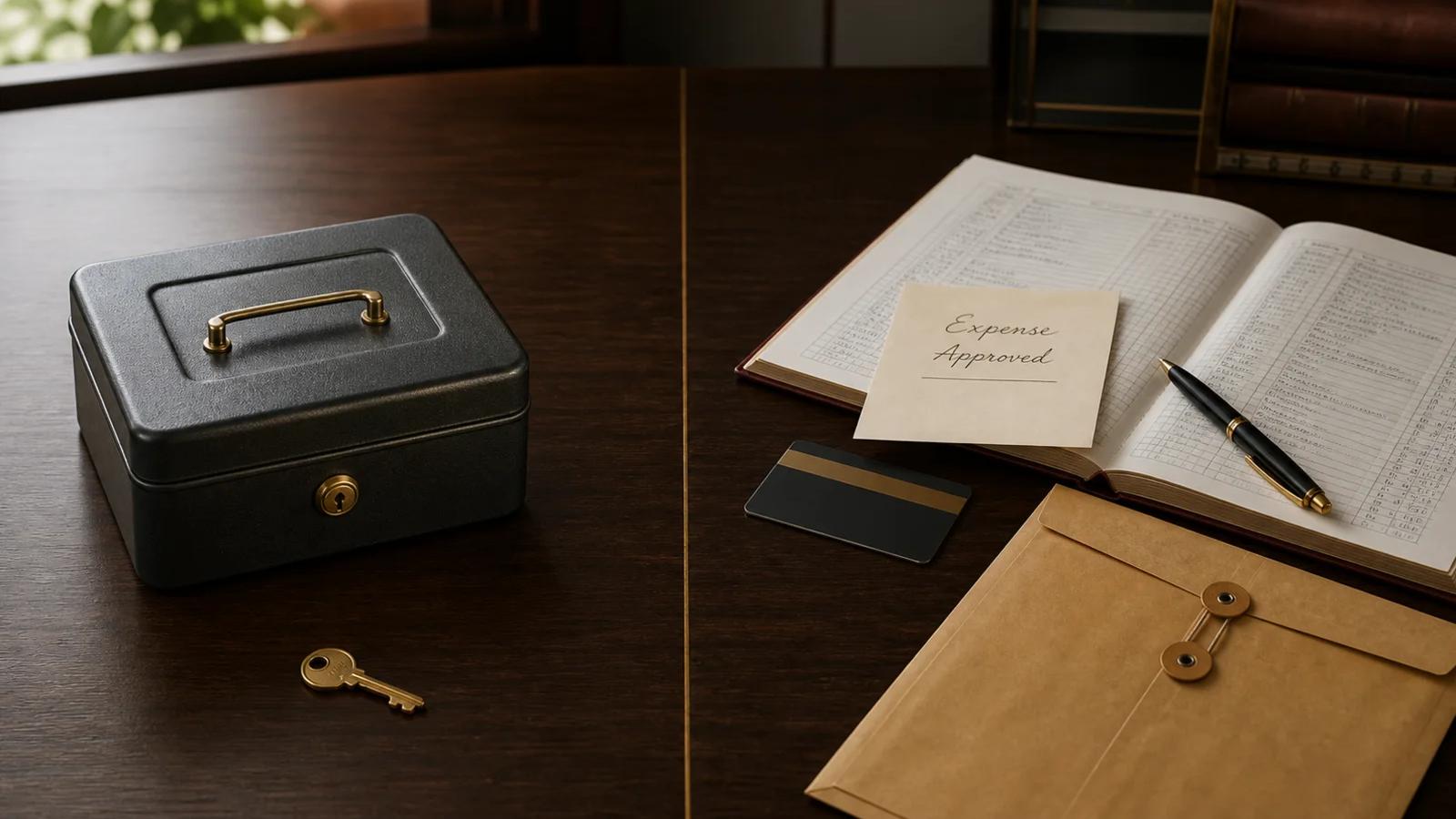 A locked cash box and key opposite a business ledger, access card, approval note, and records envelope