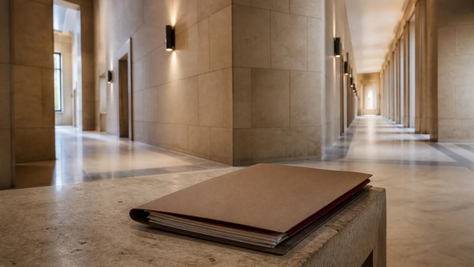 An anonymous case file at the point where two courthouse corridors diverge