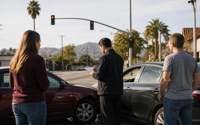 Two drivers speaking separately while an investigator documents the intersection and vehicle positions
