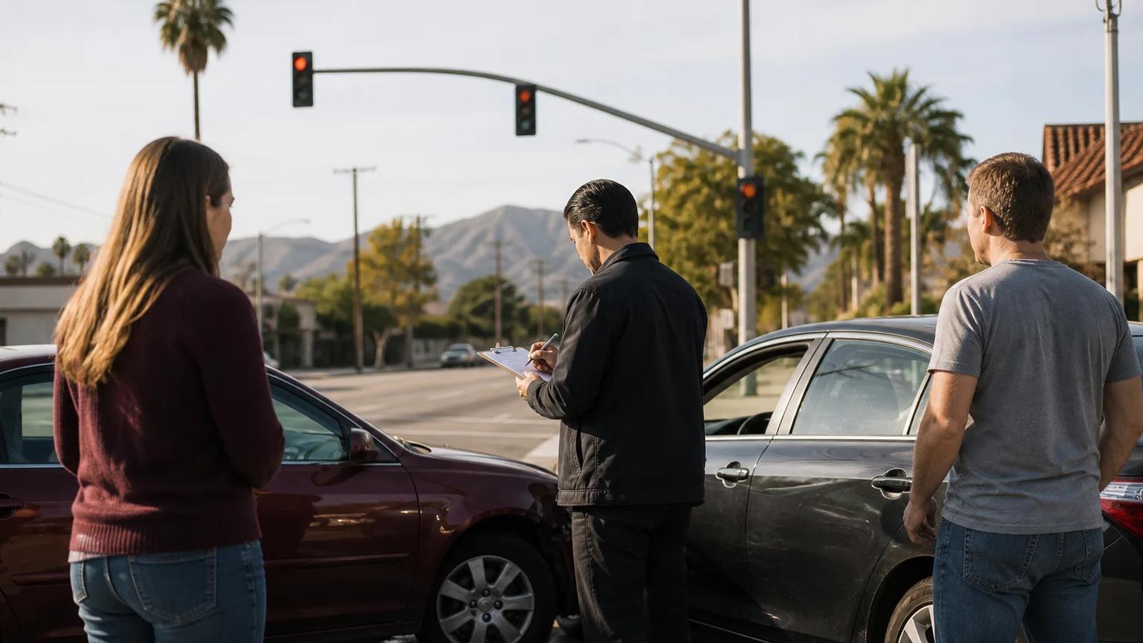 Two drivers speaking separately while an investigator documents the intersection and vehicle positions