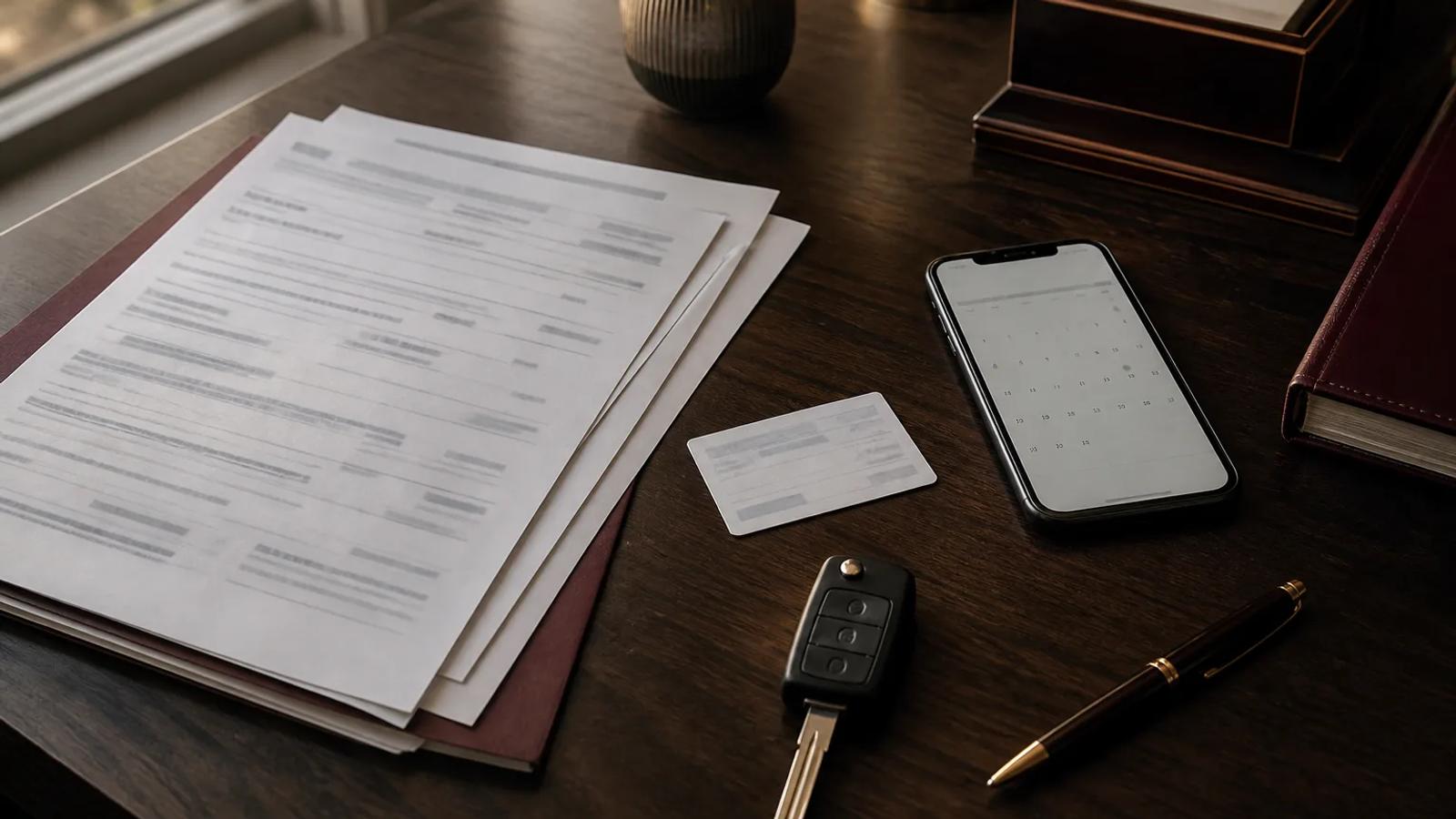 DUI arrest papers, a calendar, a car key, and a pen organized on a law-office desk