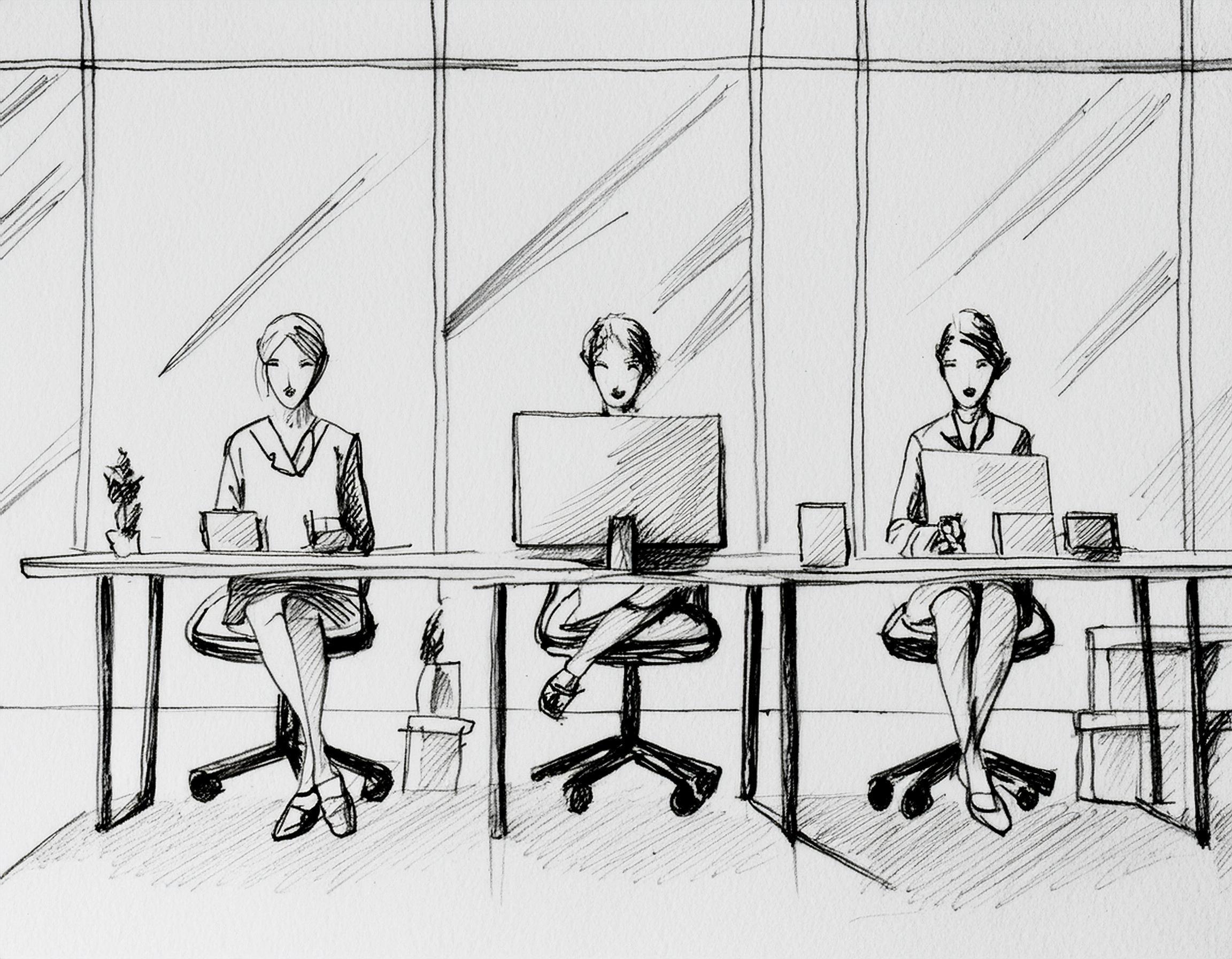 3 kvinner sitter foram pc-skjermer i et kontorlandsskap