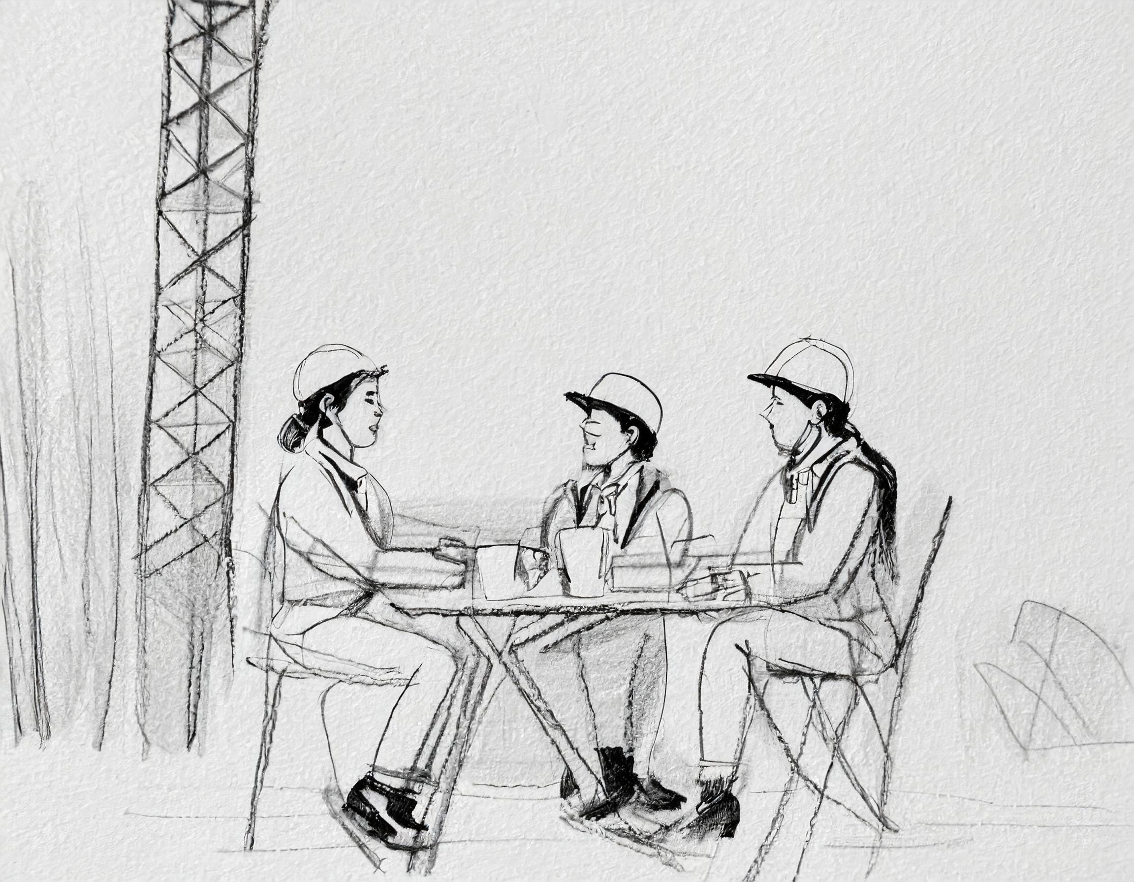 Firefly-generert: En gruppe byggingsarbeidere sitter og har lunsj