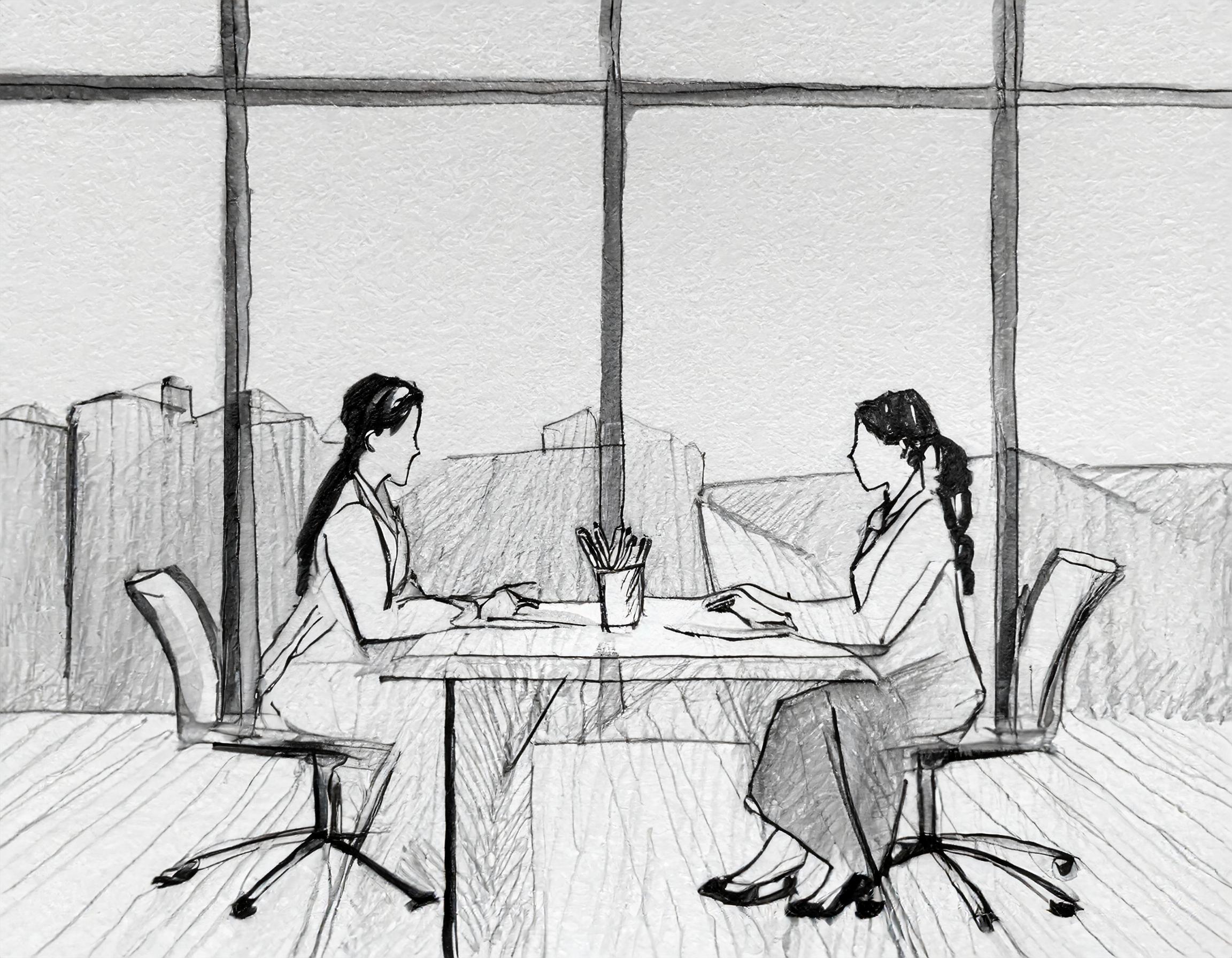 Firefly generert bilde: et bord med dokumenter som er signert, utsikt ut av vinduet mot en høy bygning eller bymiljø