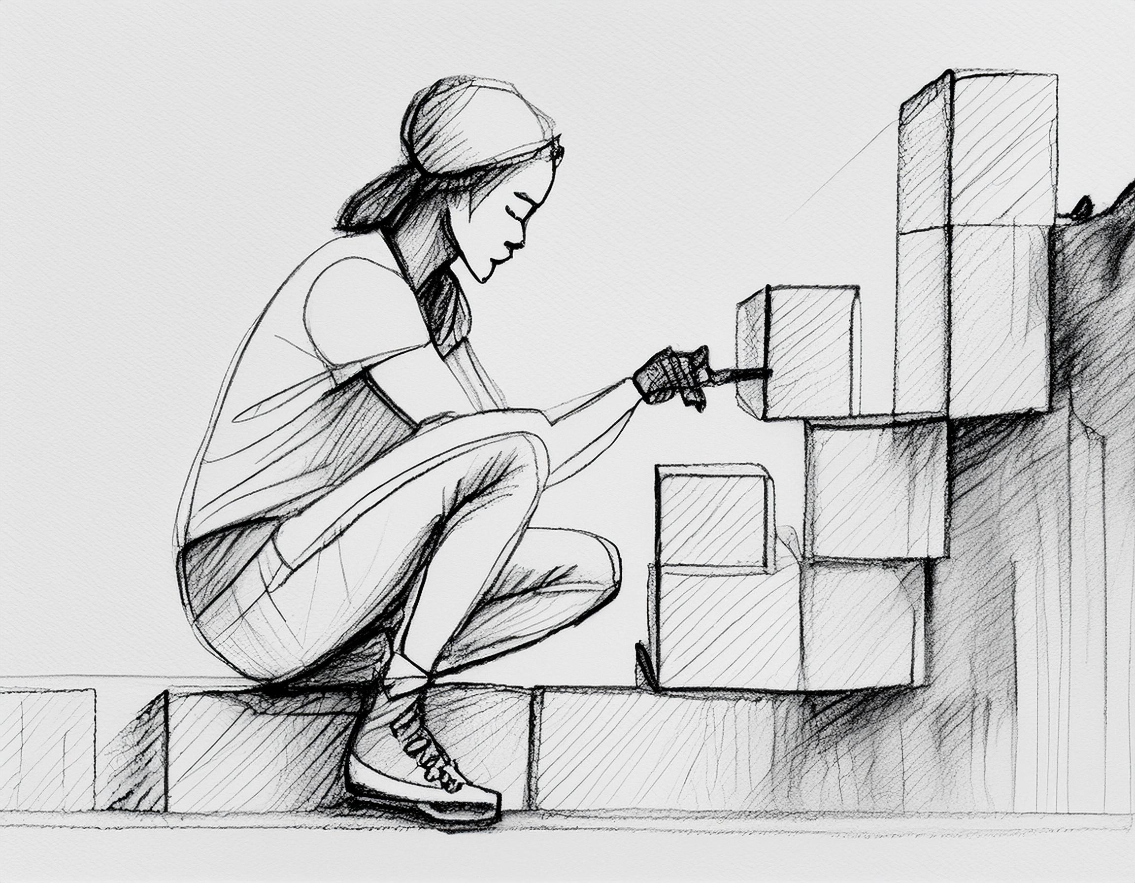 en person bygger mur med murstein