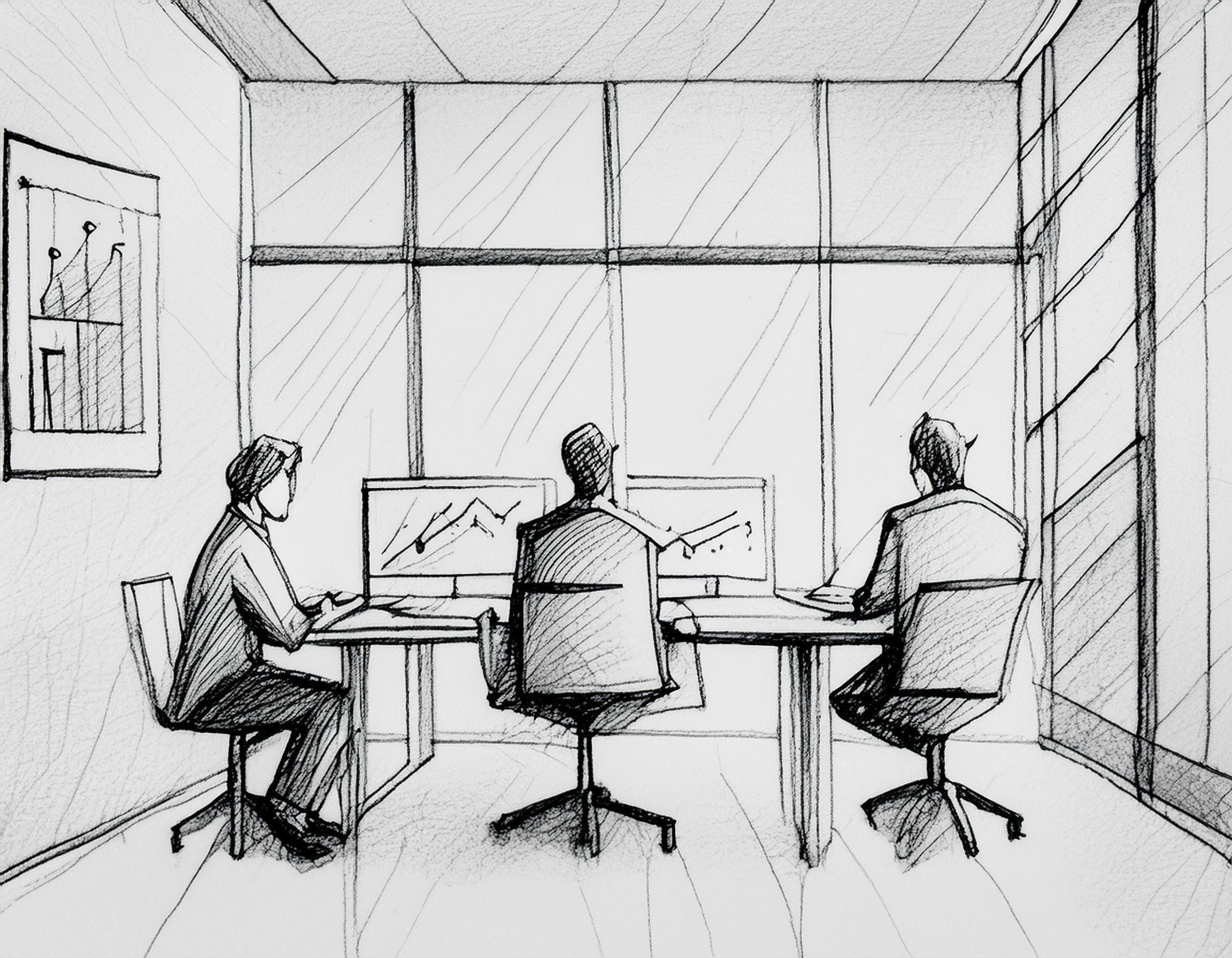 tre menn sitter på et bord med to pc-skjermer i et kontorlandskap