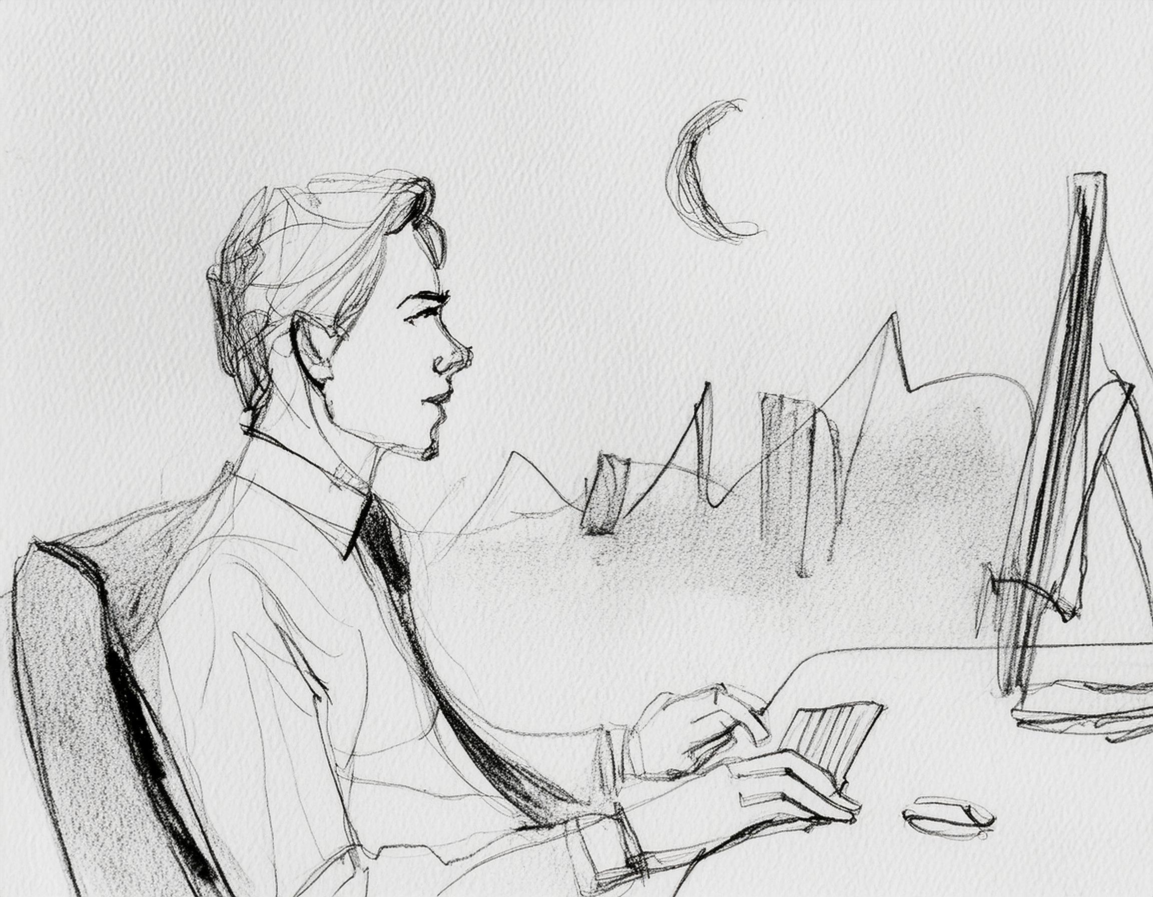 Kontormedarbeider som sitter på et kontor bak en pult, med utsikt til en by ut av vindu