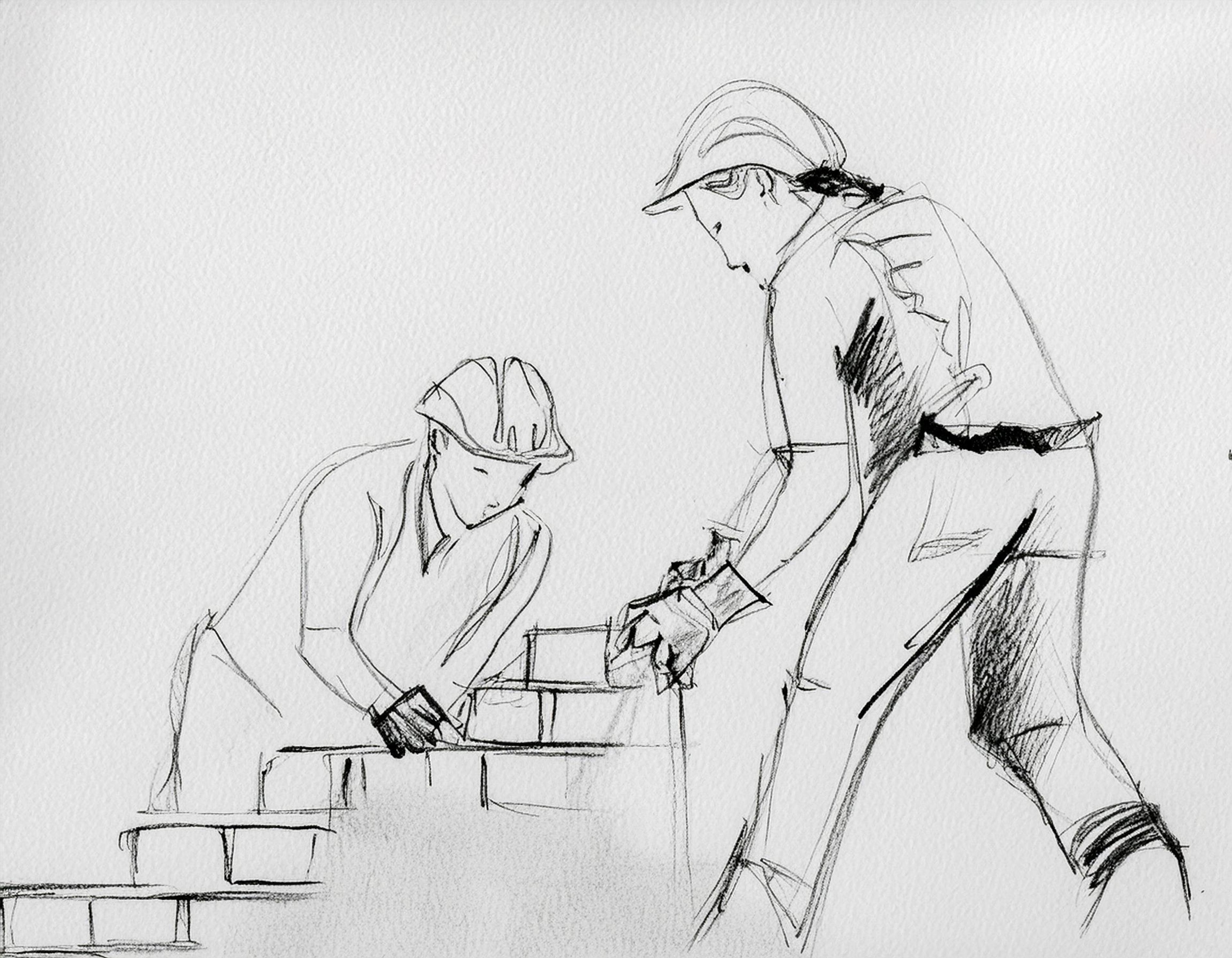 To personer som bygger en mur og legger murstein oppå en annen murstein