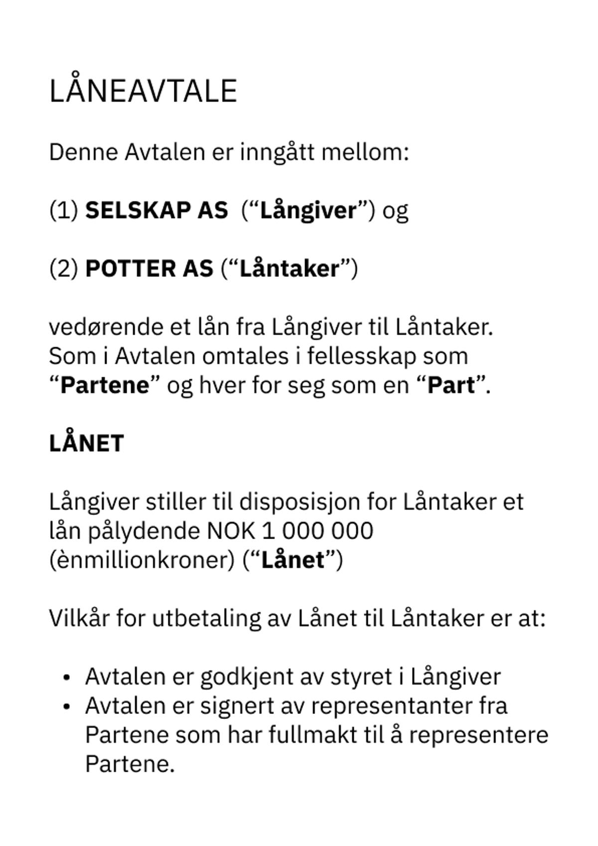 Eksempel på låneavtale