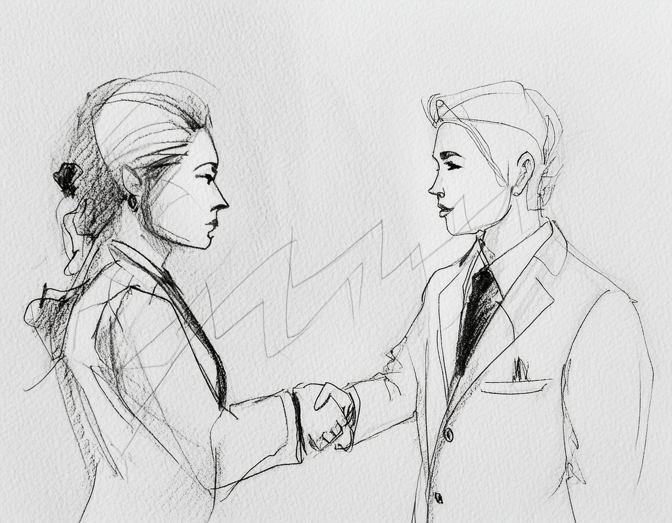 Firefly illustrasjon av aksjekurs på en skjerm, og to mennesker som tar hverandre i hånden