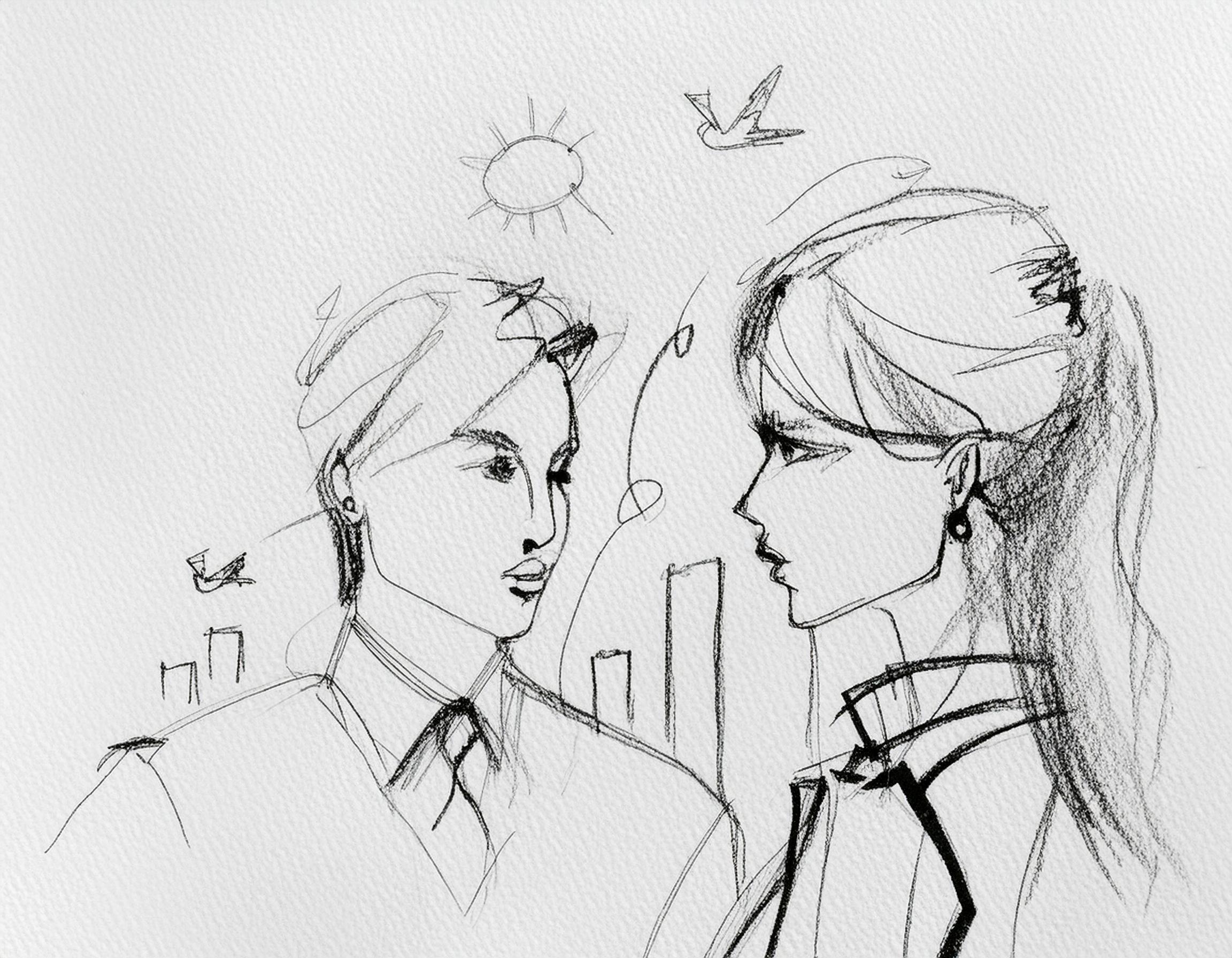 Firefly to smilende personer står og ser på en miniatyr av en bygning , det er blå himmel og sol