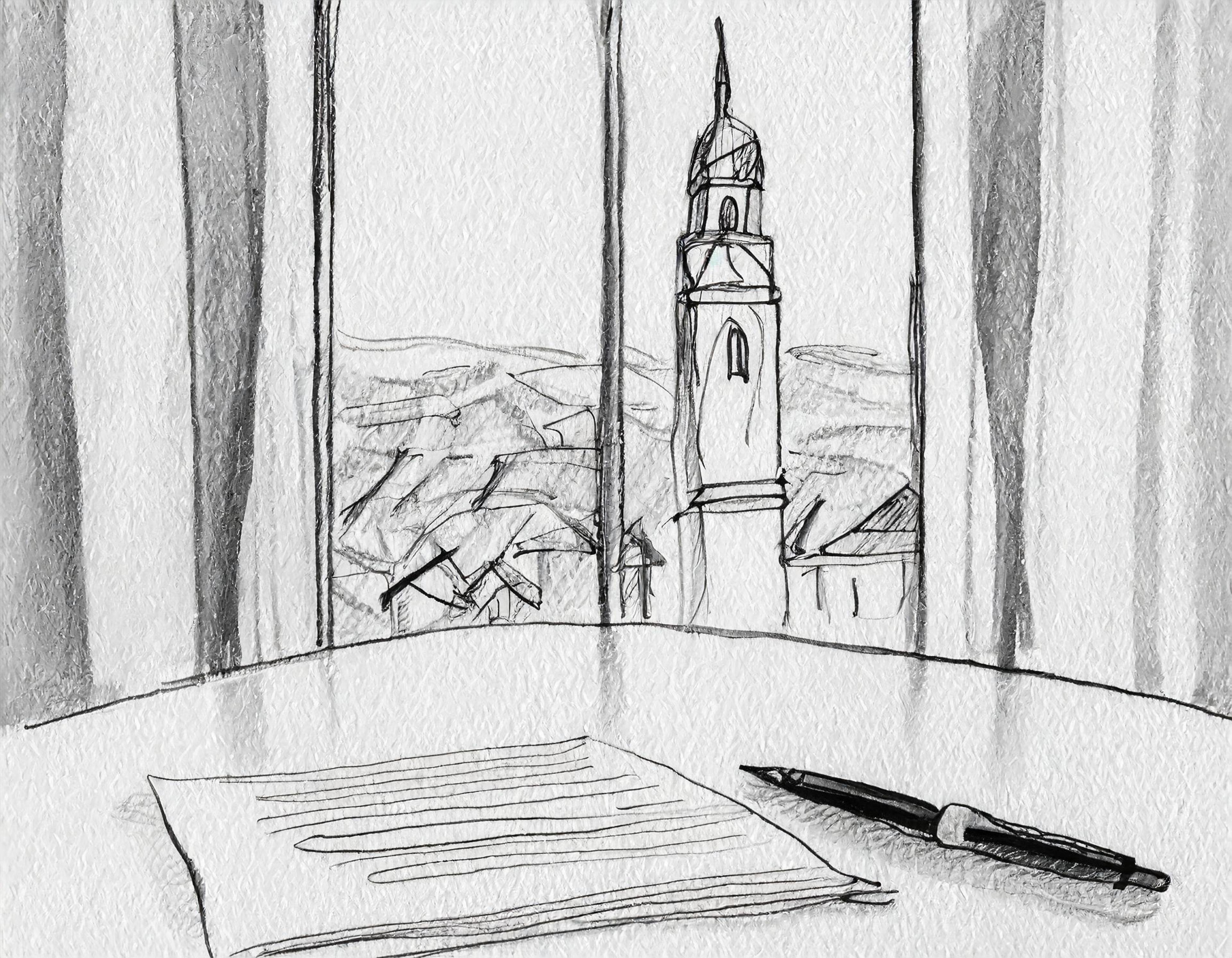 Bilde av papir på et bord og utsikt ut av vinduet til et kirkespir