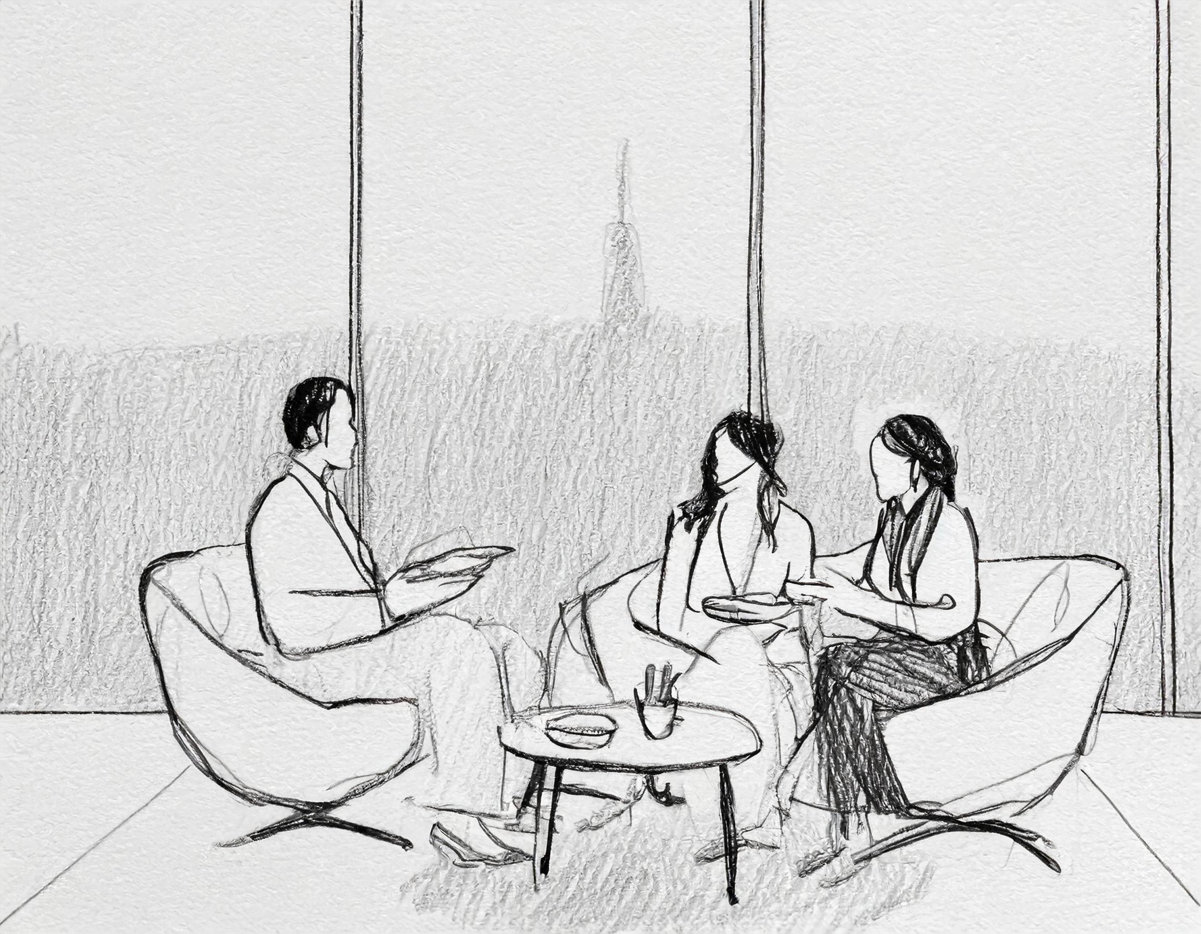 gruppe mennesker som sitter i en sofagruppe og spiser lunsj, i et kontorlandskap, med utsikt