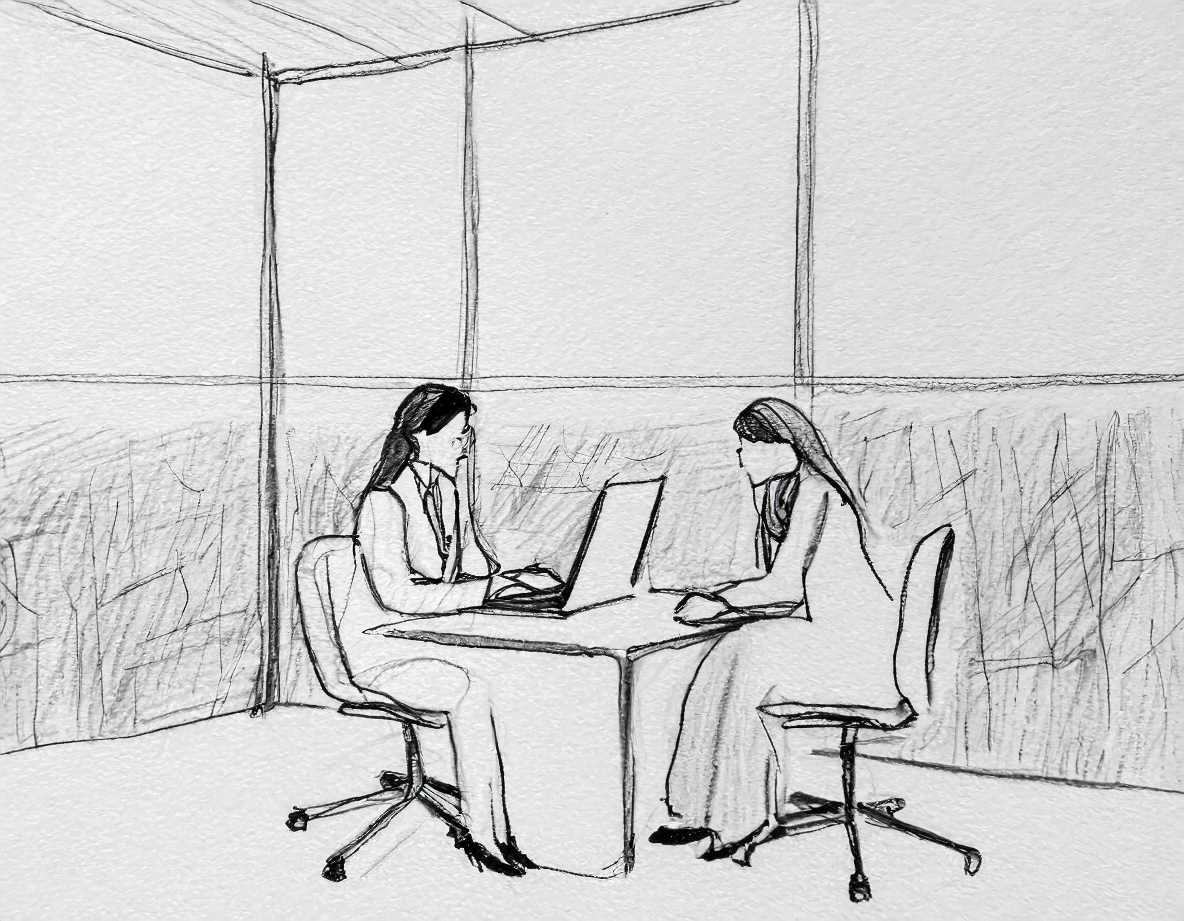 skisse av to personer som sitter og diskuterer sammen over et bord