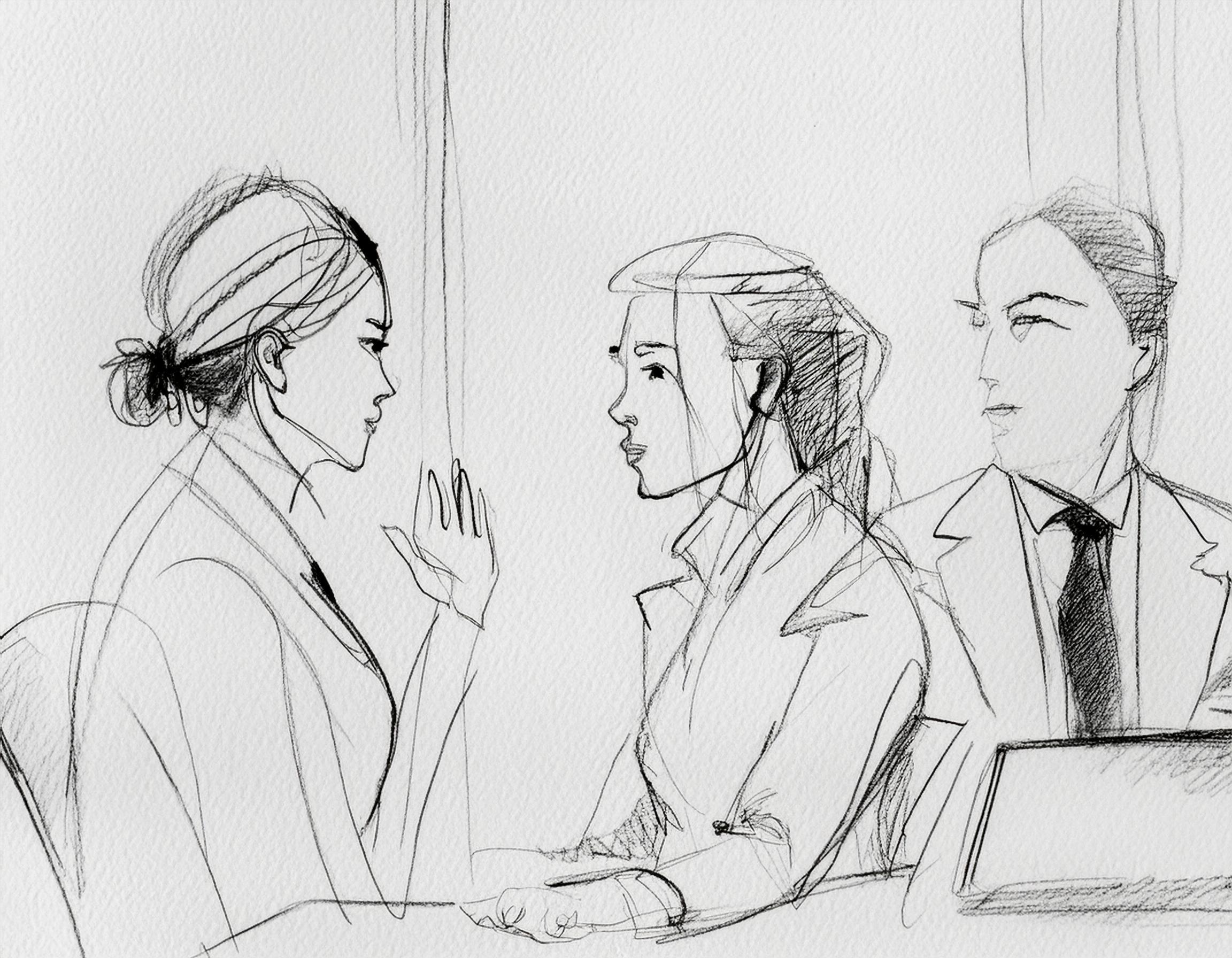 FIrefly-generert: Tre ansatte sitter og ser på hverandre. En ansatt vinker til de to andre.