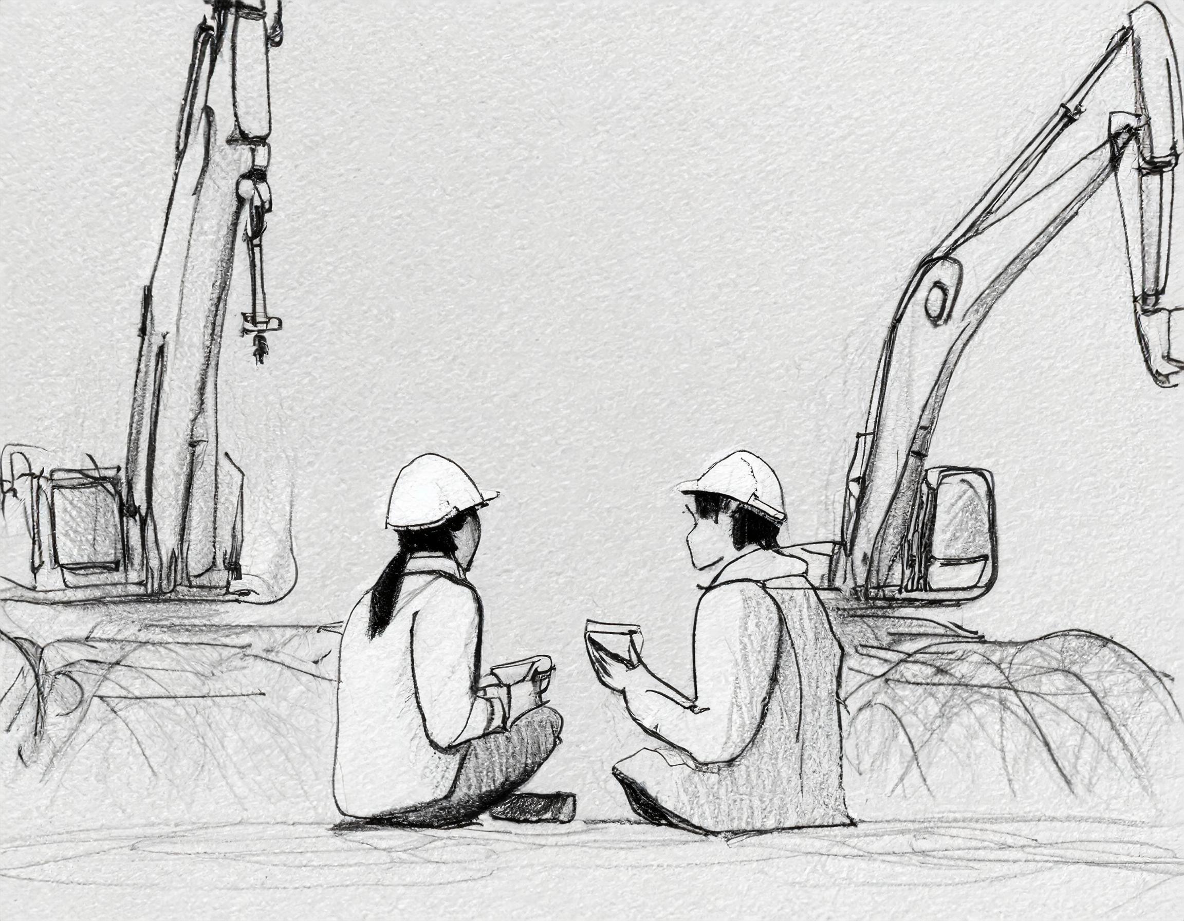 To byggearbeidere sitter på byggeplass og tar en kaffepause