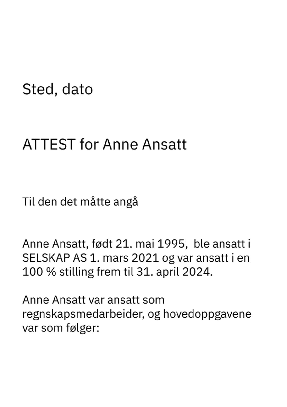 Eksempel på ferdig utfylt attest