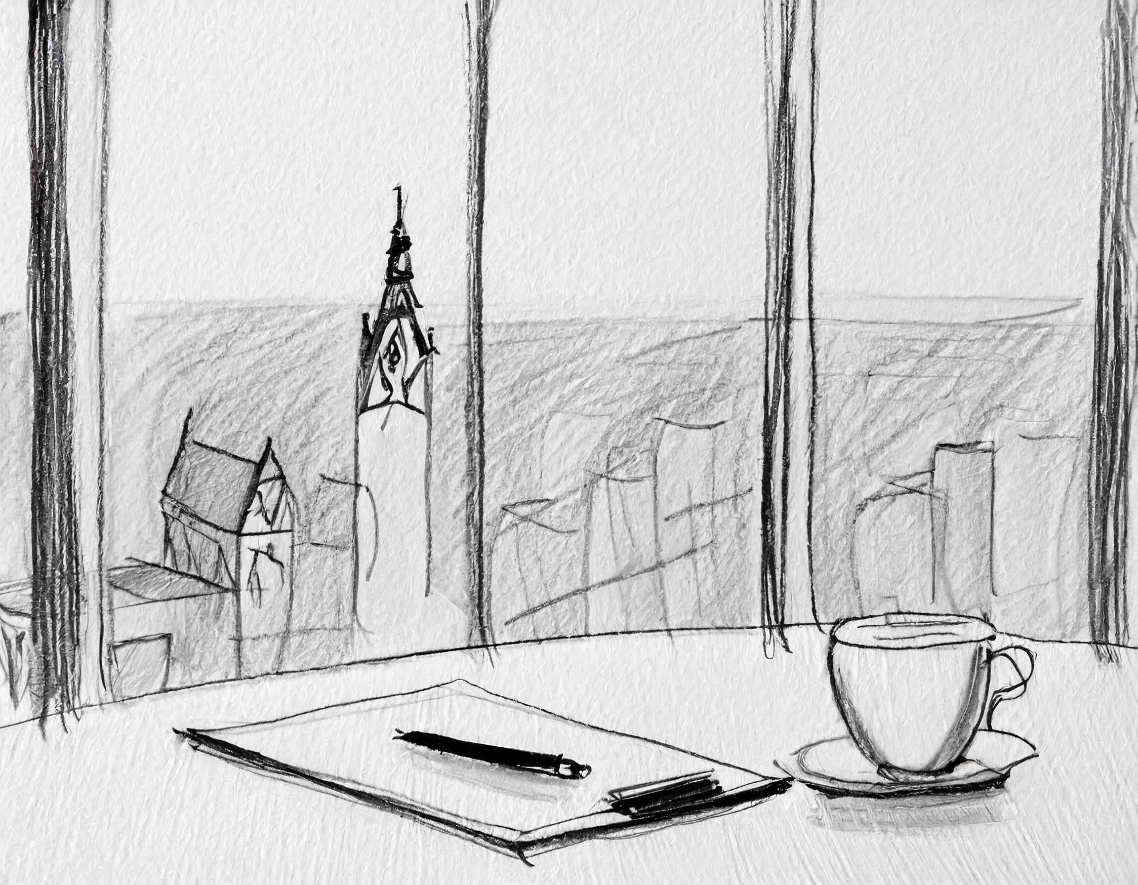 et bord med dokumenter som er signert, utsikt ut av vinduet mot en høy bygning eller bymiljø