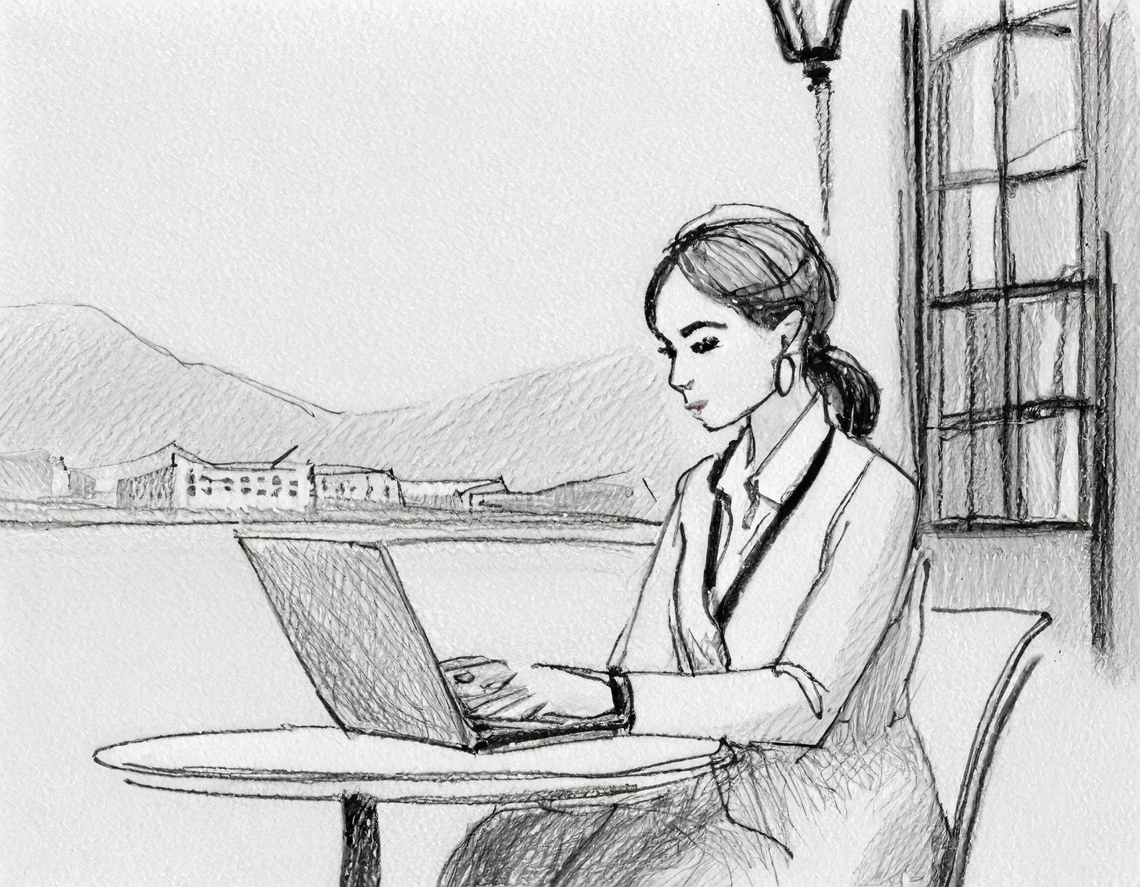 en person som driver ENK sitter på cafe og jobber