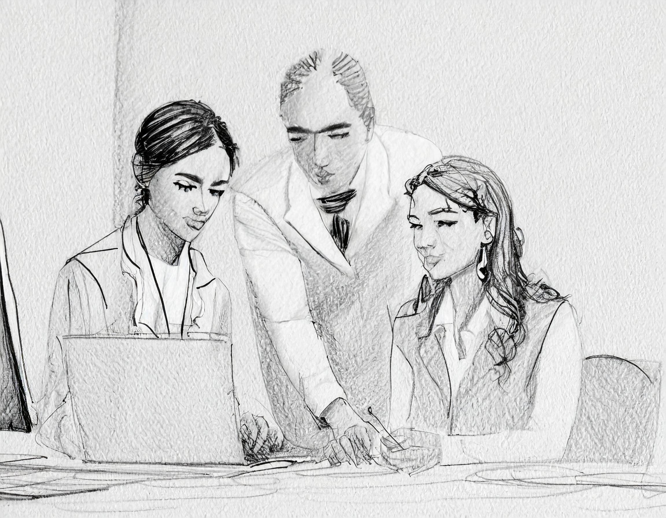 to hender med penn i skriver på et dokument. i bakgrunnen sitter to personer og ser på.