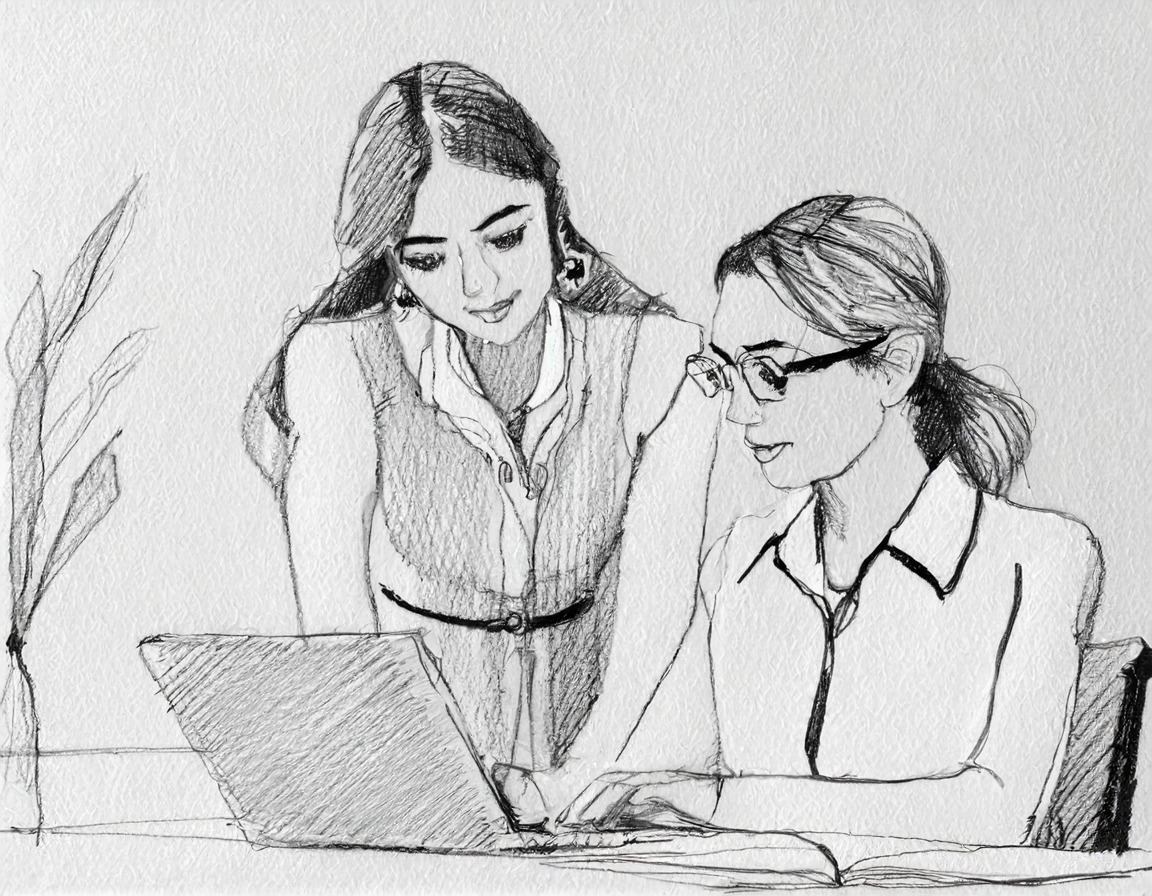 En kvinne ser på et nettbrett. I bakgrunnen sitter to ansatte og snakker