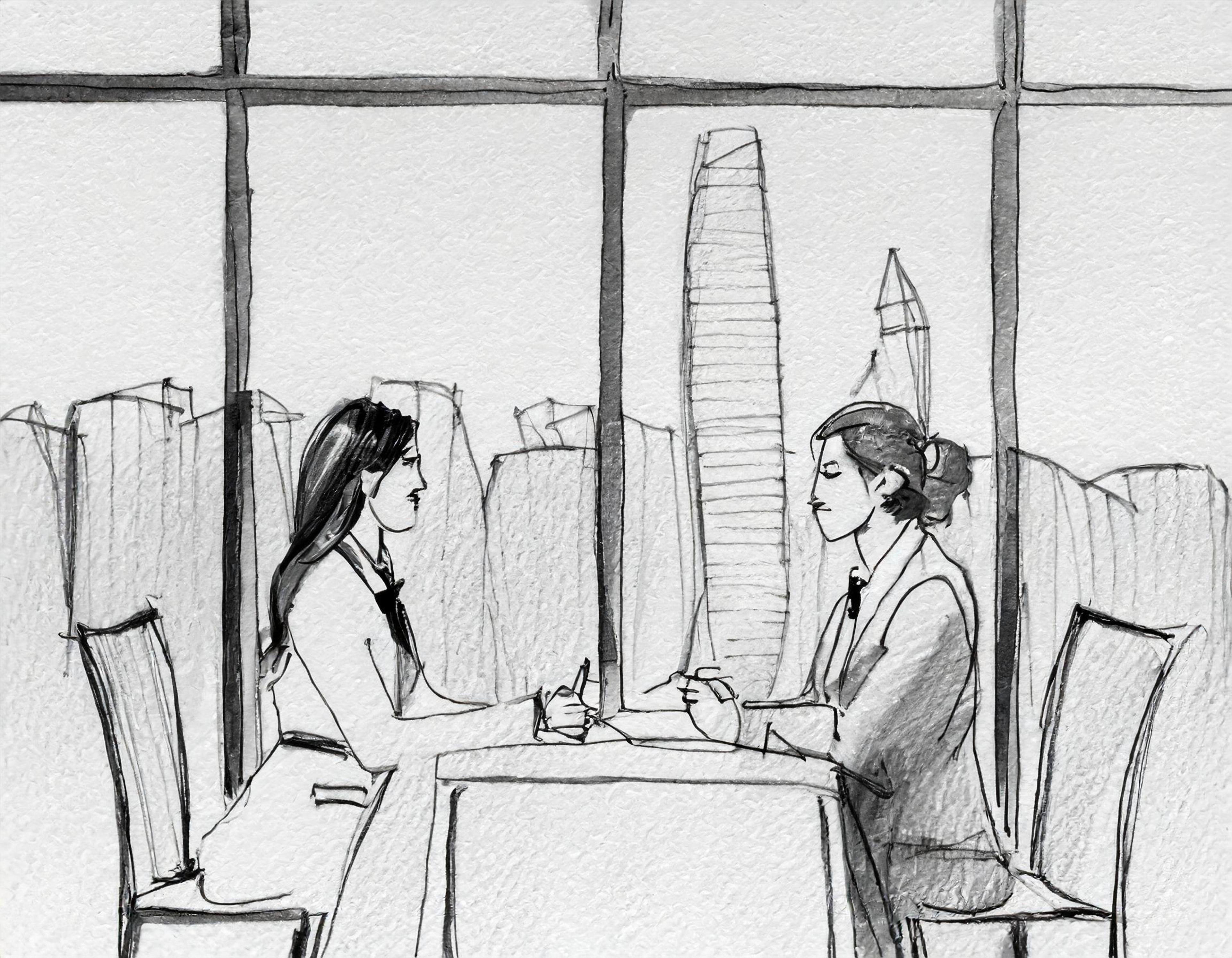 Firefly generert bilde: to personer prater med hverandre sittende ved et bord