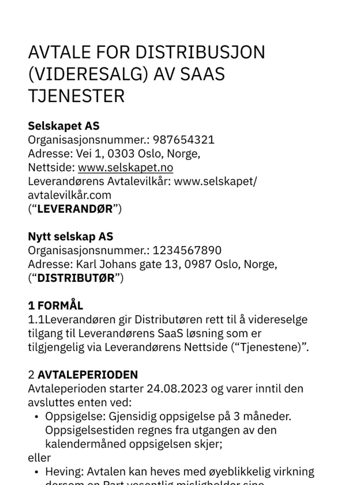 Eksempel på ferdig utfylt distribusjonsavtale