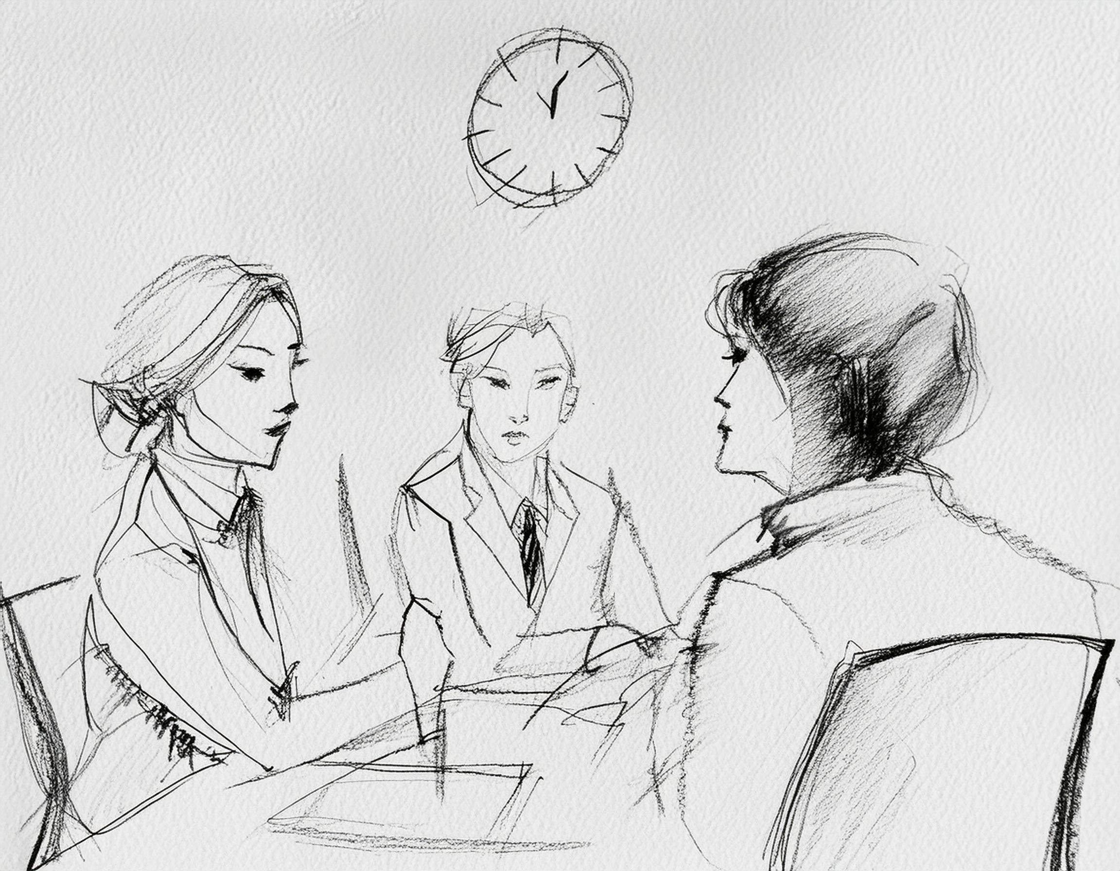 Firefly-generert: Tre stykker sitter sammen i et møte. Bak henger en klokke på veggen