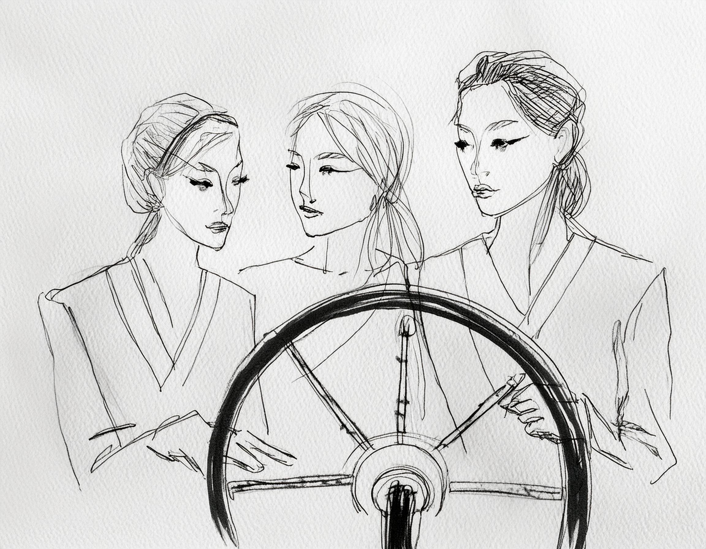 Firefly flere smilende personer står foran en ratt og styrer en båt