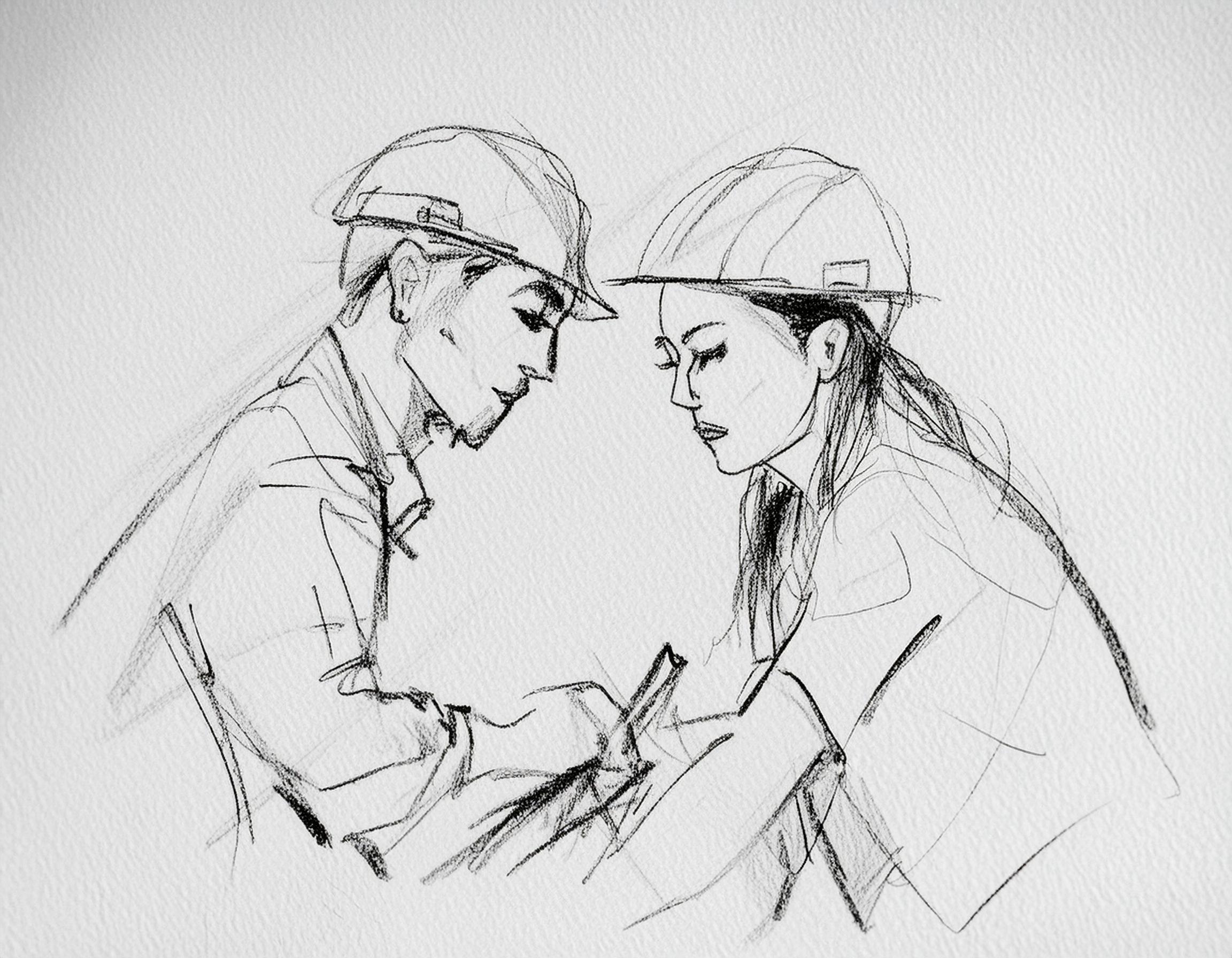 Mann og kvinne i beskyttelseshjelmer arbeider sammen