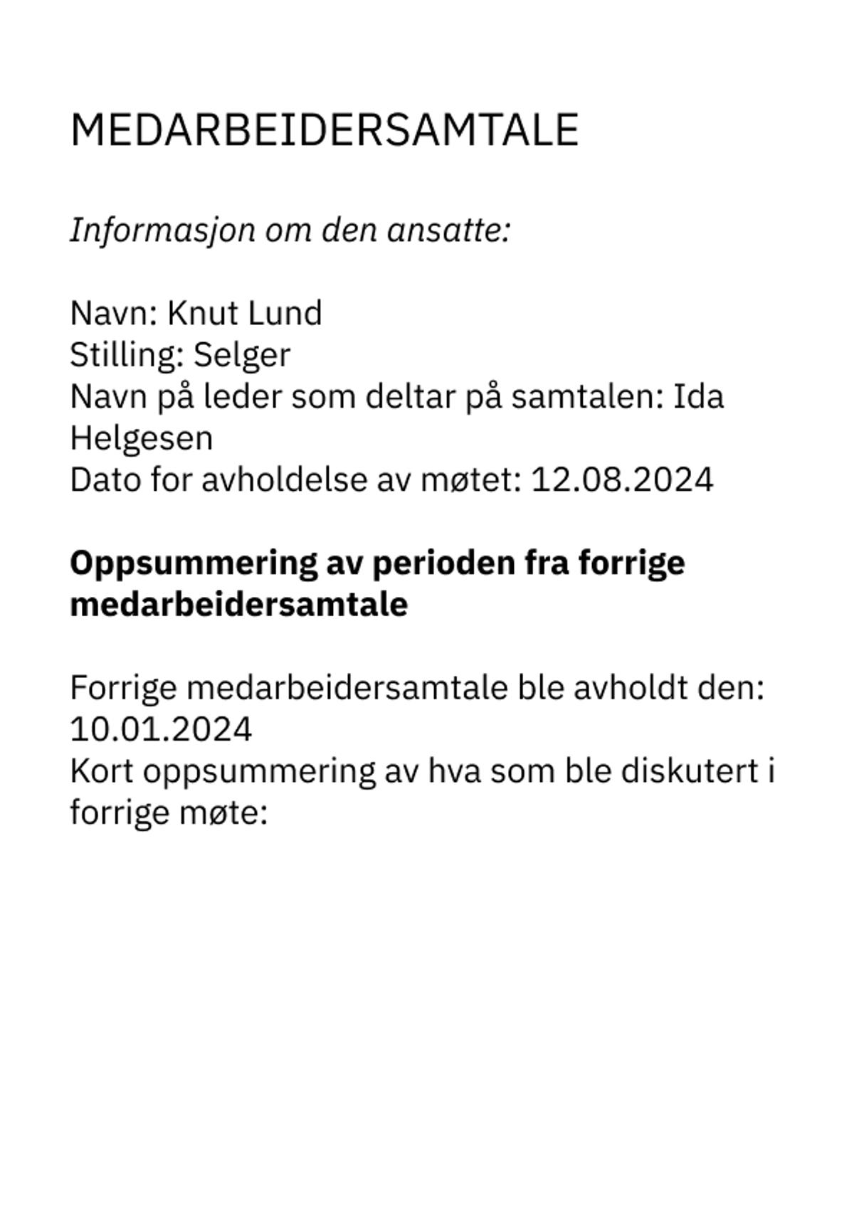 Eksempel på mal for medarbeidersamtale