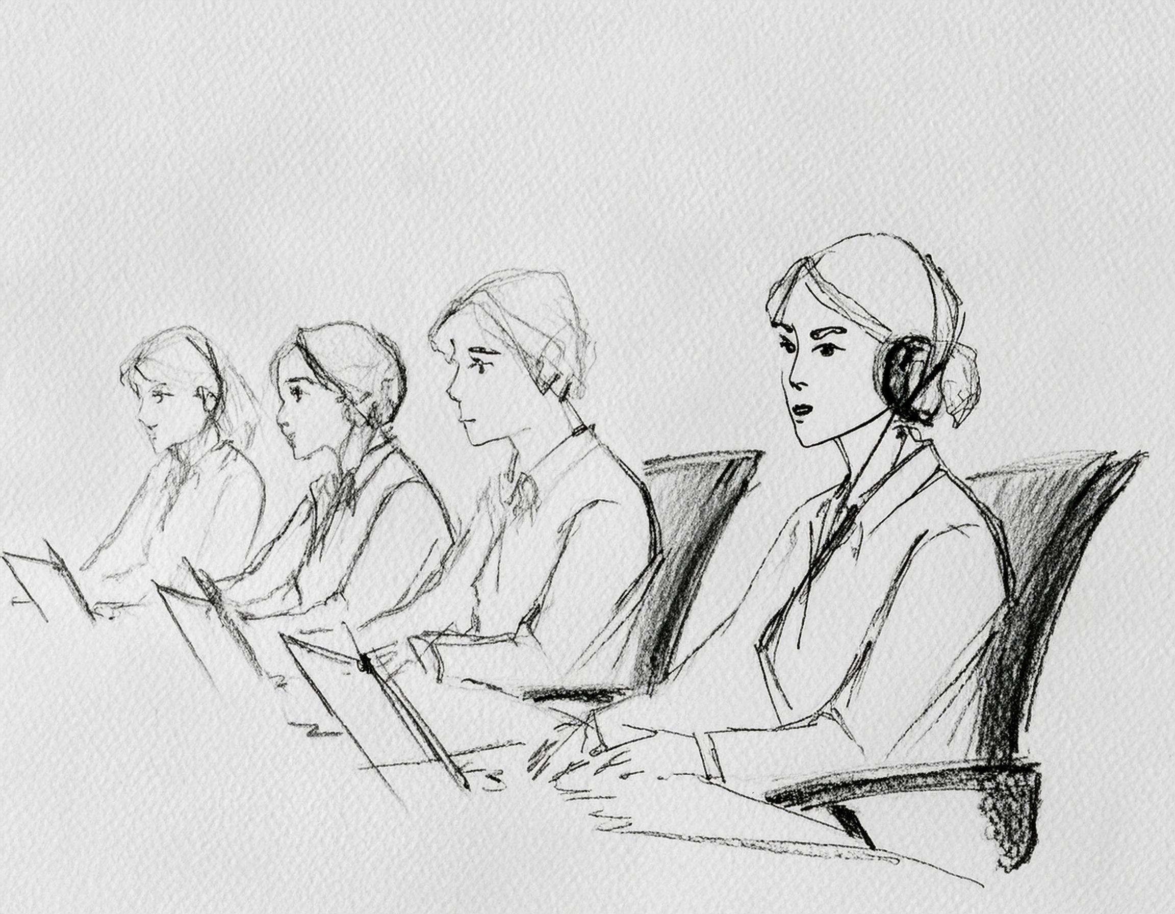 Firefly-generert: flere Kontormedarbeidere som sitter på et kontor bak en pult