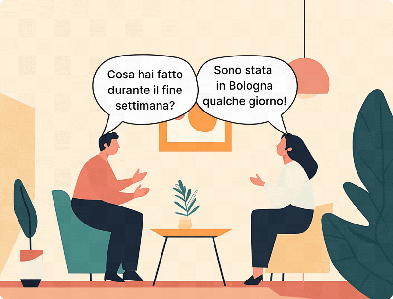 Le preposizioni in italiano. In questa vignetta ci sono due persone che parlano e si dicono: "Cosa hai fatto durante il fine settimana?" "Sono stata in Bologna qualche giorno!" In Bologna è un errore perché la preposizione giusta sarebbe "a". In questa scheda grammaticale analizziamo le preposizioni semplici e le preposizioni articolate legate al tempo e allo spazio.