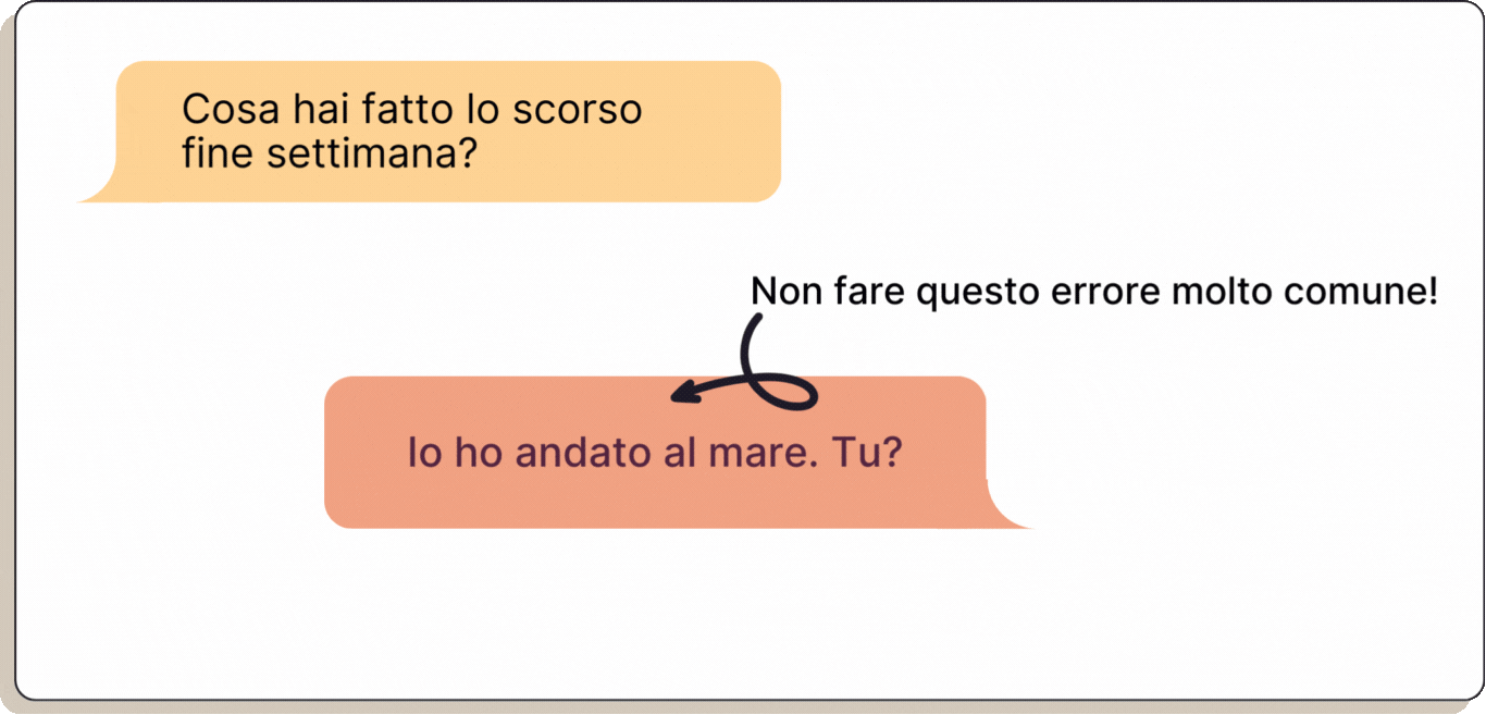 Hero image of a blog post discussing common mistakes made by Italian learners when using the passato prossimo and verb 'andare'. The image features two speech bubbles with the following text: 'Cosa hai fatto lo scorso weekend?' (What did you do the past weekend?), 'Io ho andato al mare. Tu?.' (I went to the seaside. You?)