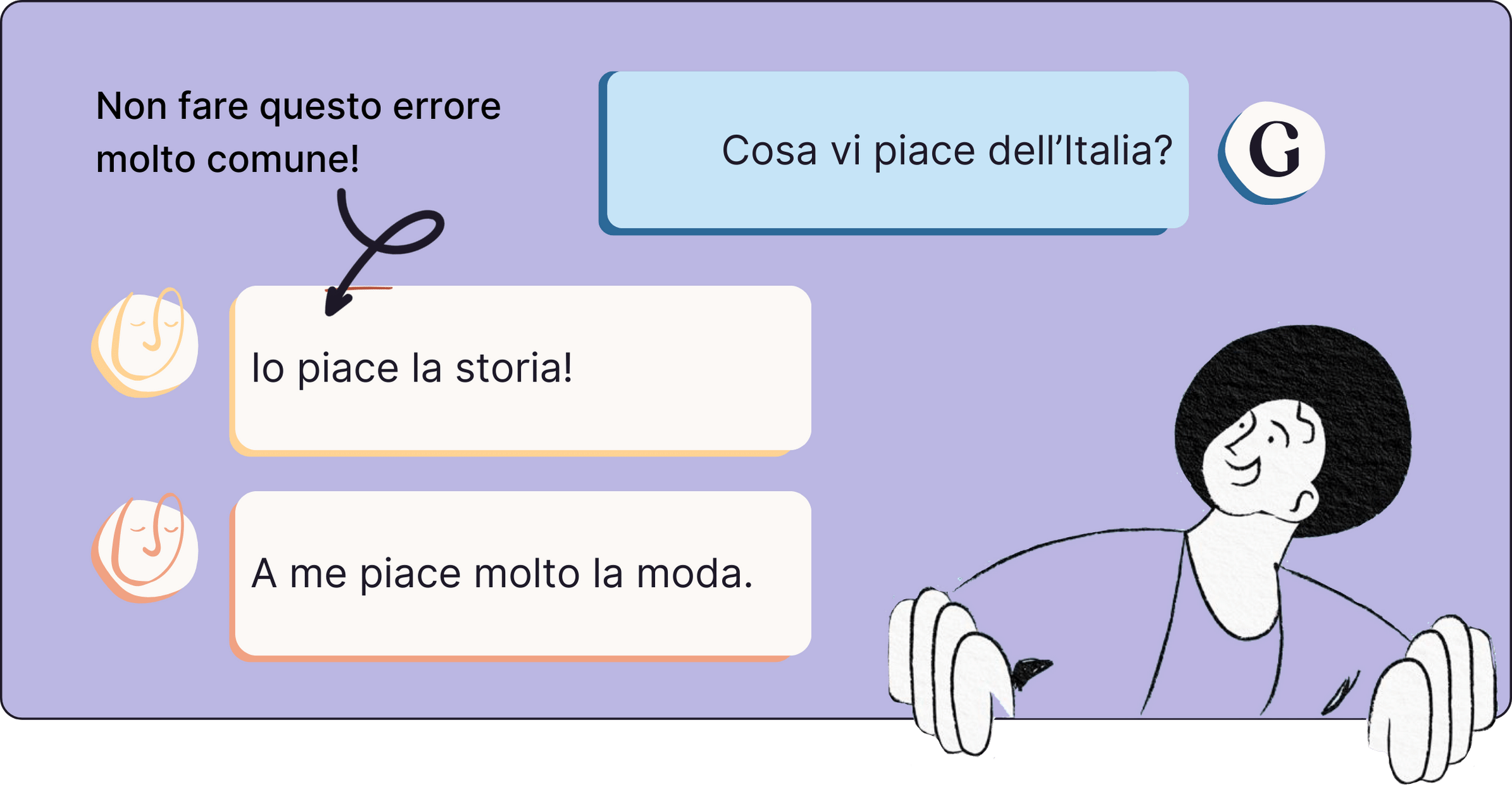 Hero image of a blog post discussing common mistakes made by Italian learners when using the verb 'piacere'. The image features three speech bubbles with the following text: 'Cosa vi piace dell’Italia?' (What do you like about Italy?), 'Io piace la storia.' (I like history.), and 'Mi piace moltissimo la moda italiana.' (I really like Italian fashion.).