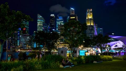 view of the marina bay sands area at night in Singapore