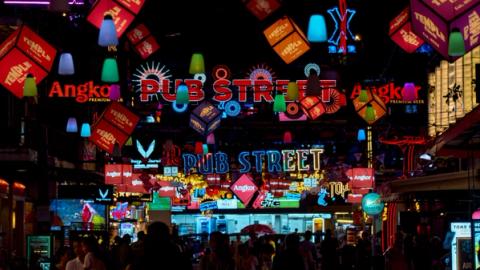 pub street sign in neon lights in pub street siem reap, Cambodia